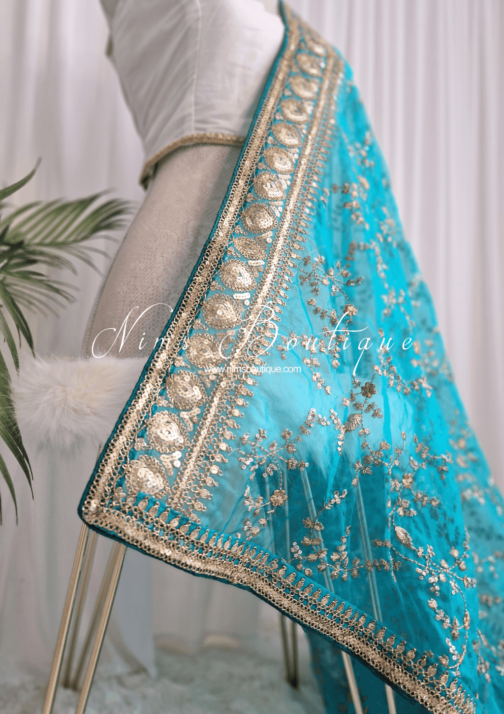 Nims Boutique Mahi Luxury Bright Teal Organza Embroidered Dupatta/Chunni
