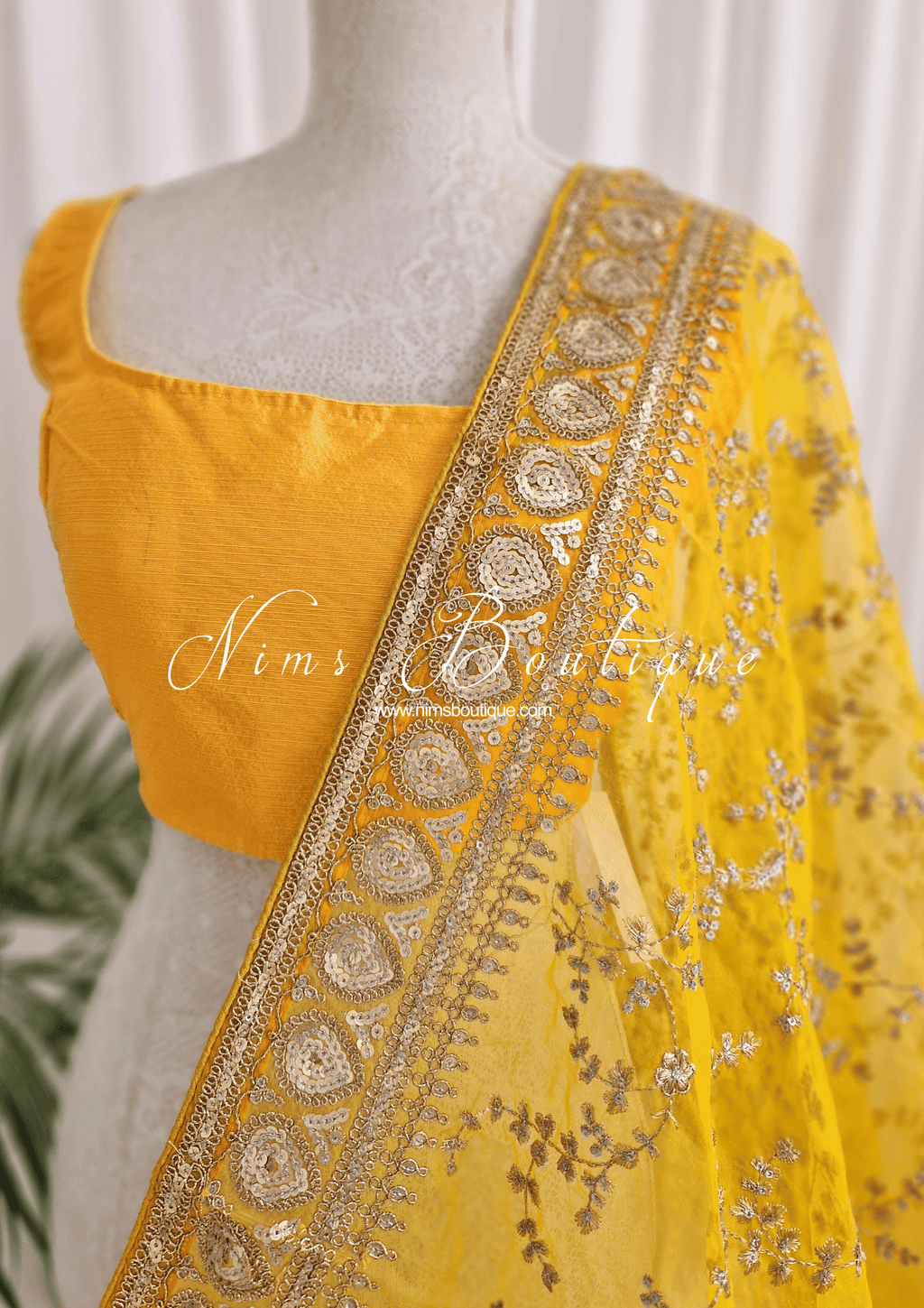 Nims Boutique Mahi Luxury Deep Yellow Organza Embroidered Dupatta/Chunni