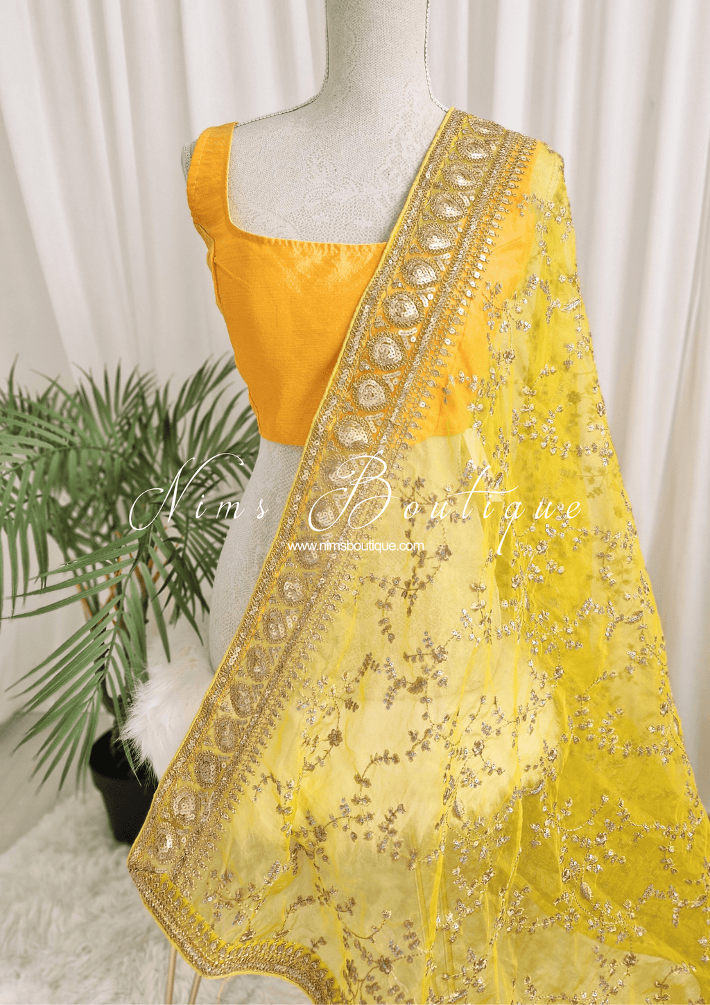 Nims Boutique Mahi Luxury Light Yellow Organza Embroidered Dupatta/Chunni