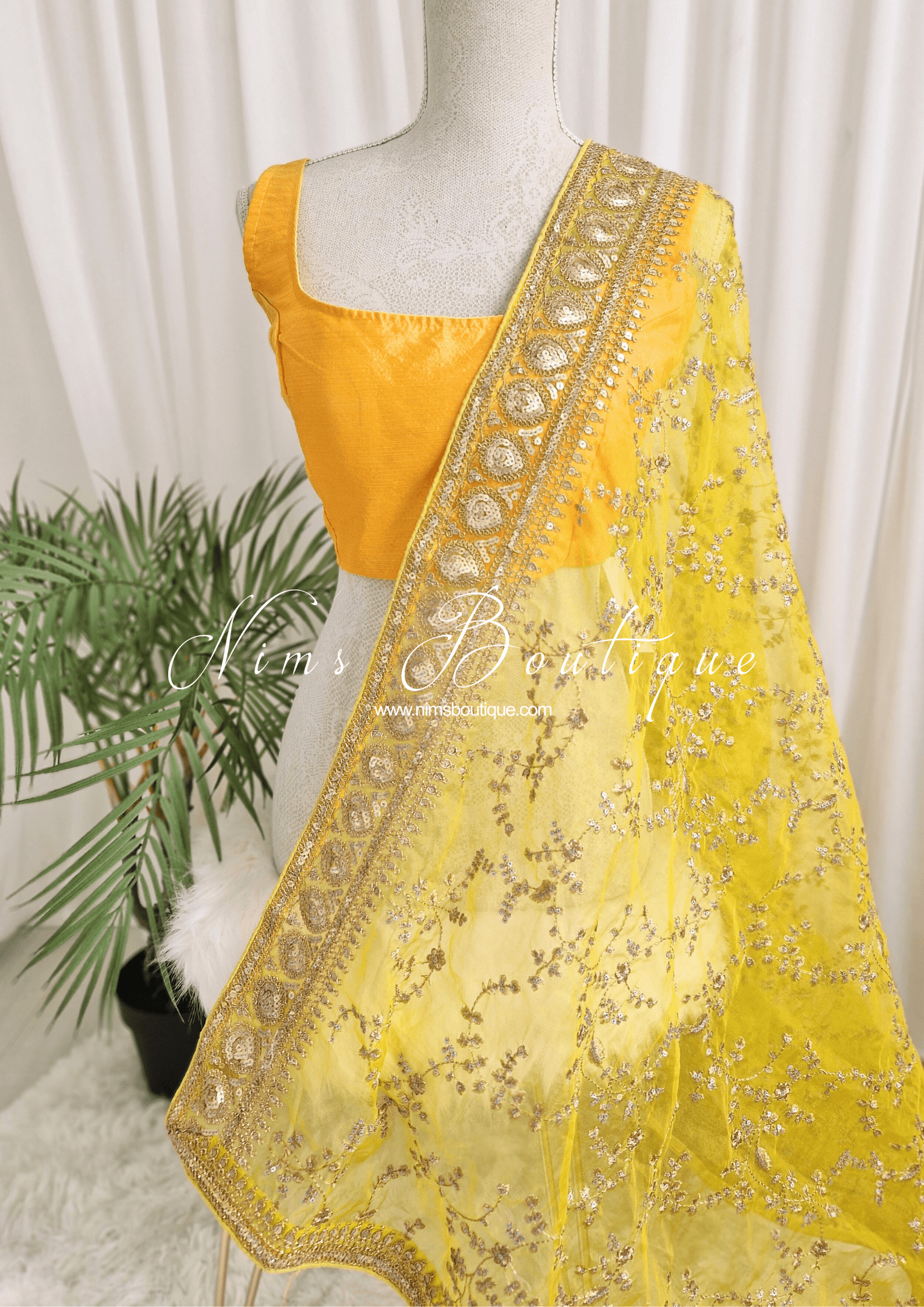 Nims Boutique Mahi Luxury Light Yellow Organza Embroidered Dupatta/Chunni