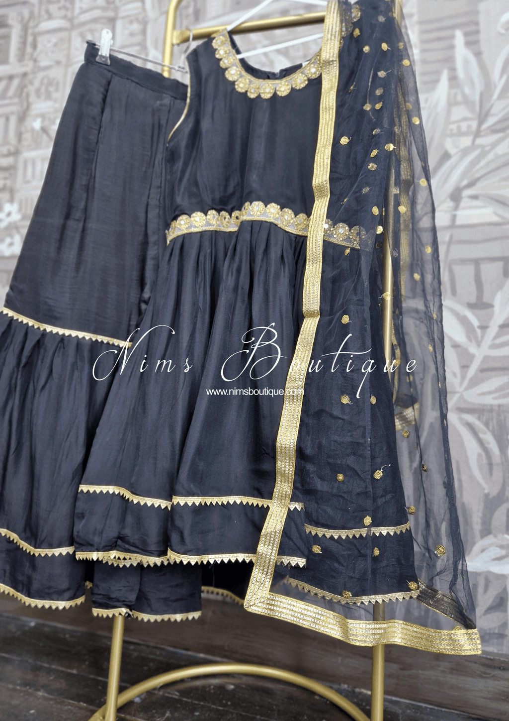 Nims Boutique Kids Black Silk Frock Sharara Suit