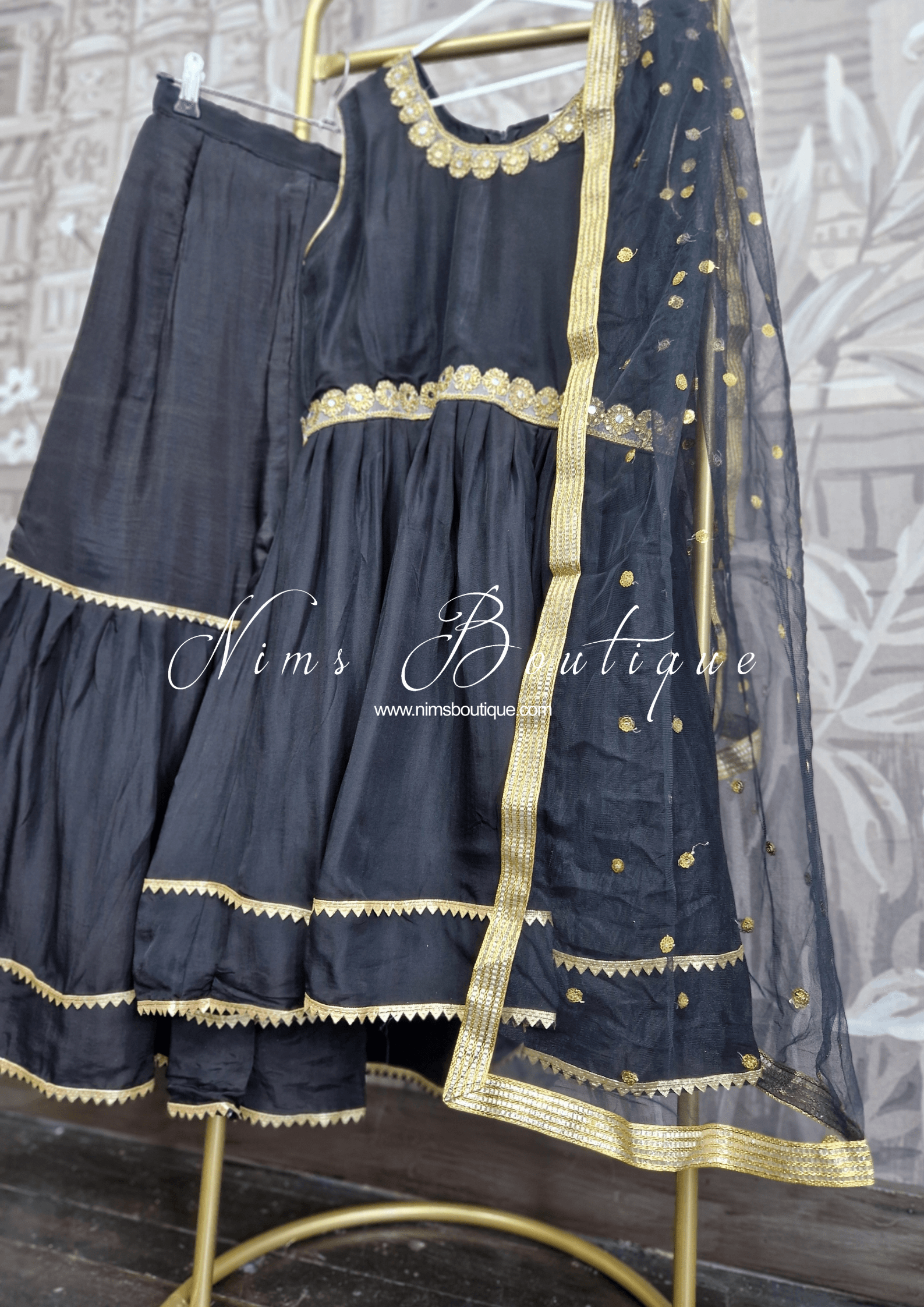Nims Boutique Kids Black Silk Frock Sharara Suit