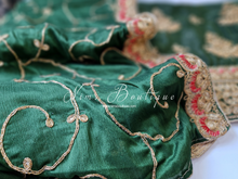 Luxury Unstitched Dark Green & Coral Embroidered Silk Suit