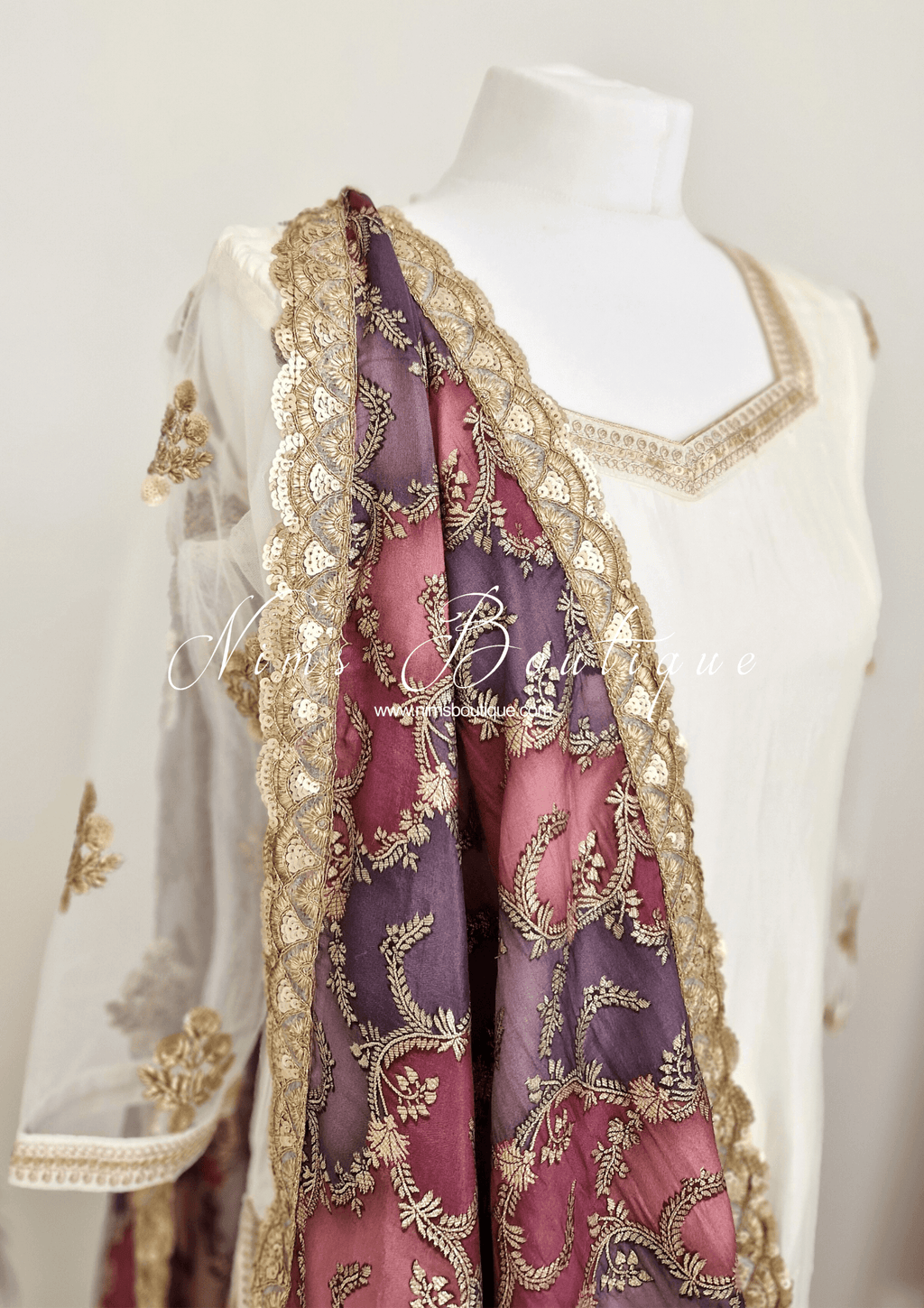 Nims Boutique The NB Classic Long Sleeved Ivory Silk & Multicolour Salwar Suit 8-20