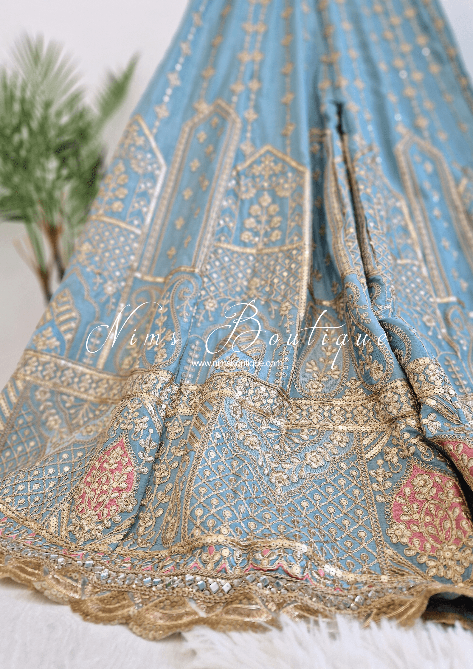 Nims Boutique Luxury Powder Blue Embroidered Sharara Suit Size 12-14