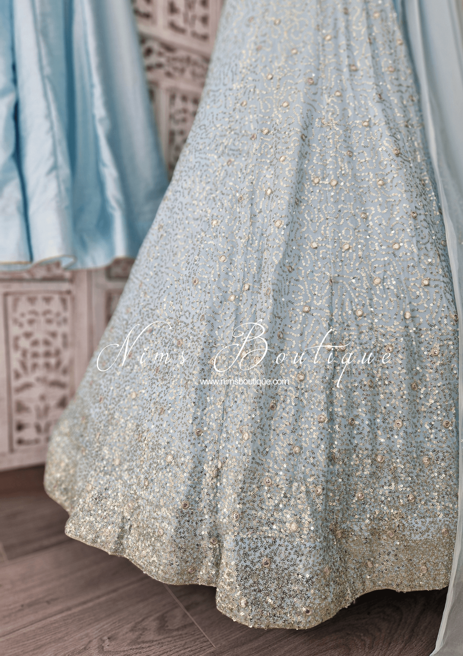 Nims Boutique Arya Powder Blue & Gold Sequin Luxury Skirt sizes 4-14