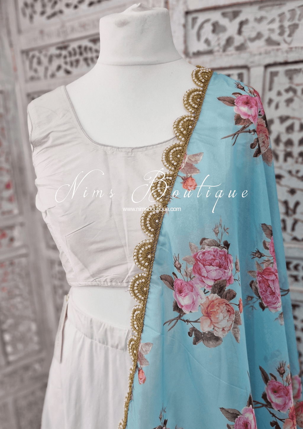 Nims Boutique Luxury Blue Organza Floral Dupatta/Chunni with Pearl Edging