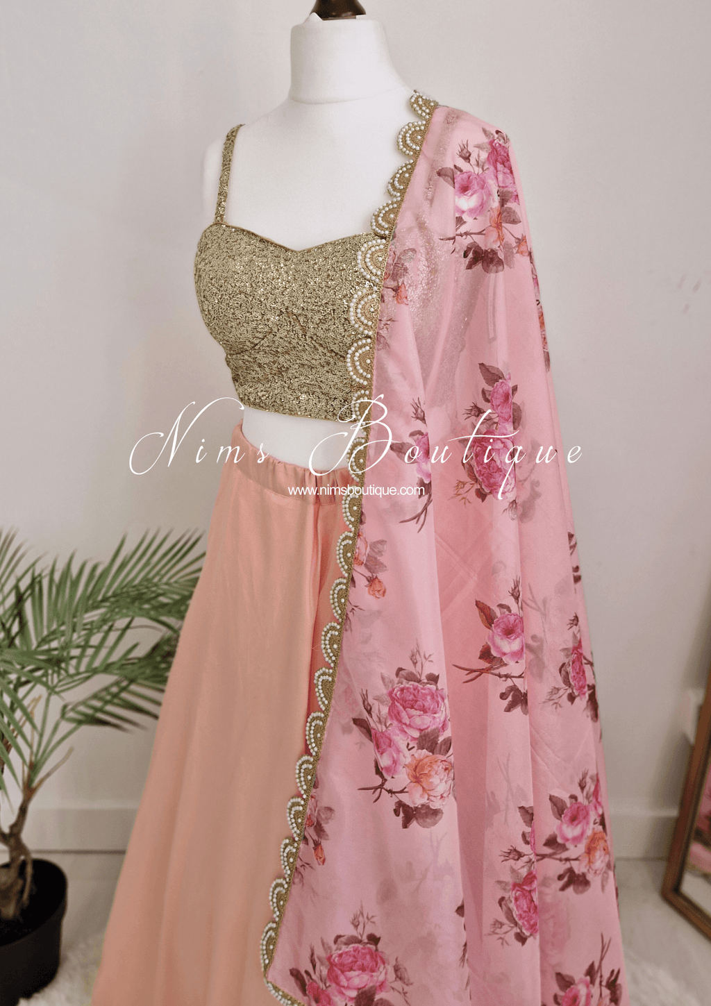 Nims Boutique Luxury Peach Organza Floral Dupatta/Chunni with Pearl Edging
