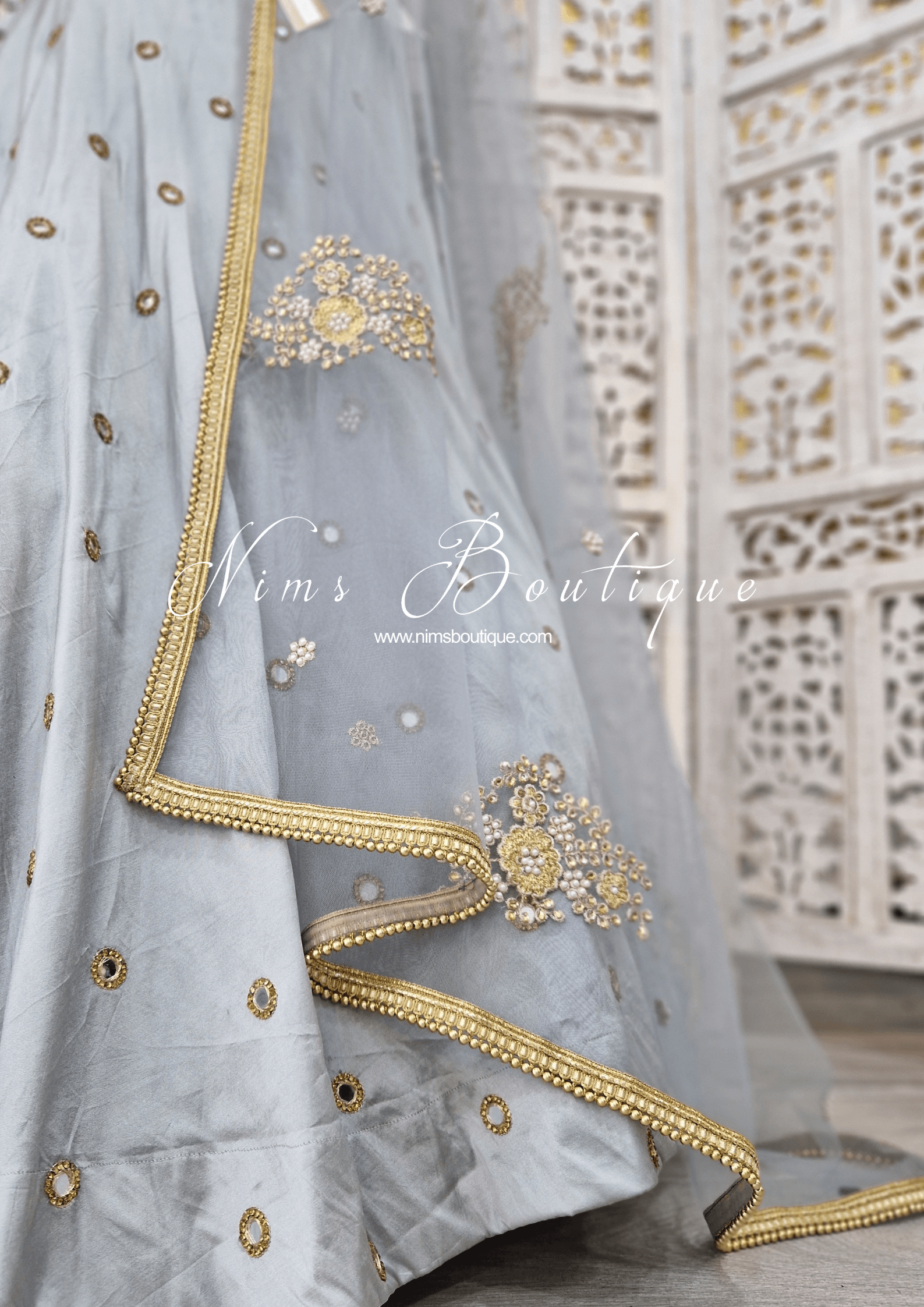 Nims Boutique Grey Net Pearl Embellished Dupatta/Chunni with Gold Bead Edging GB1