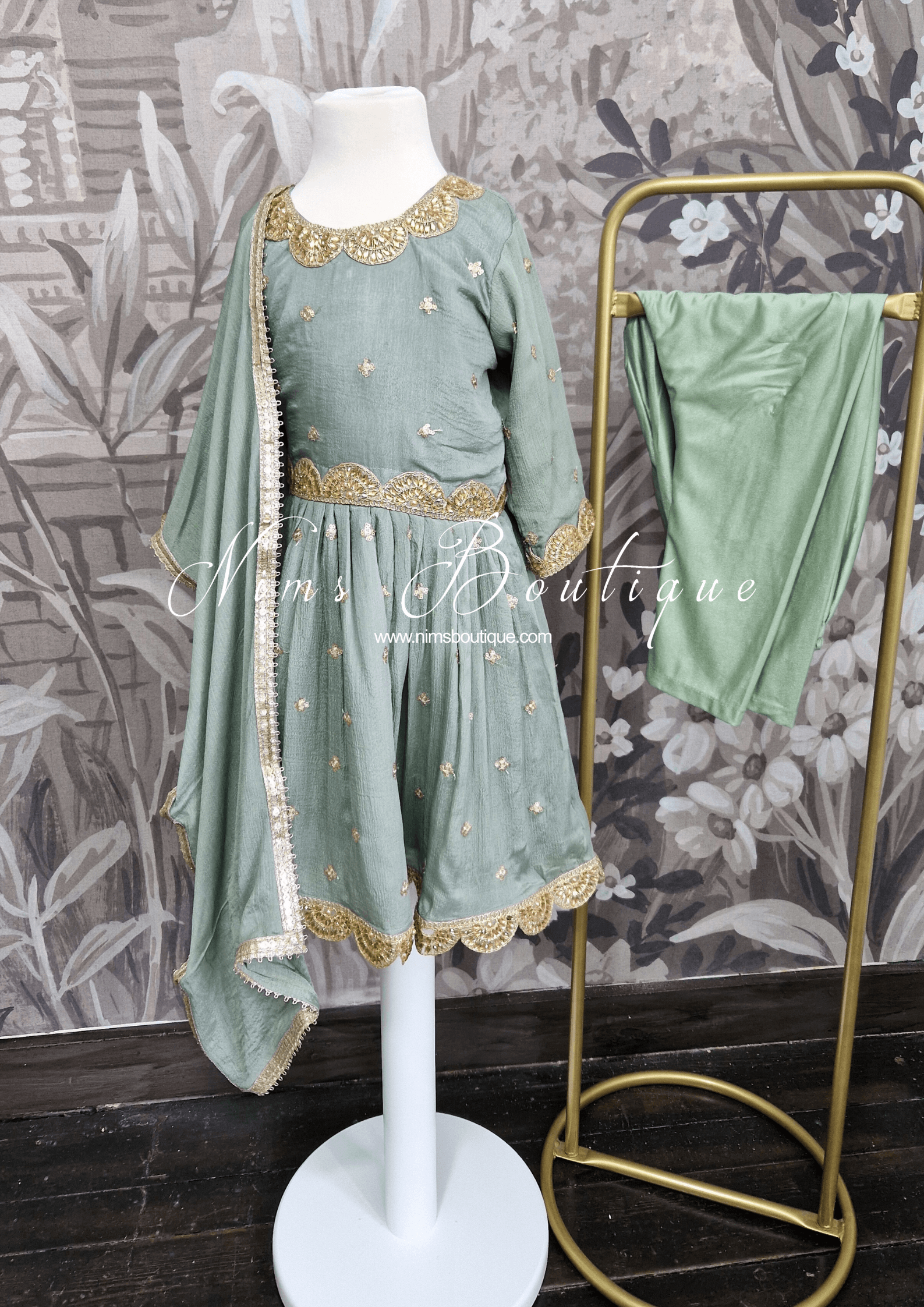 Nims Boutique Sage Green Sequin Frock Kids Pajami Suit
