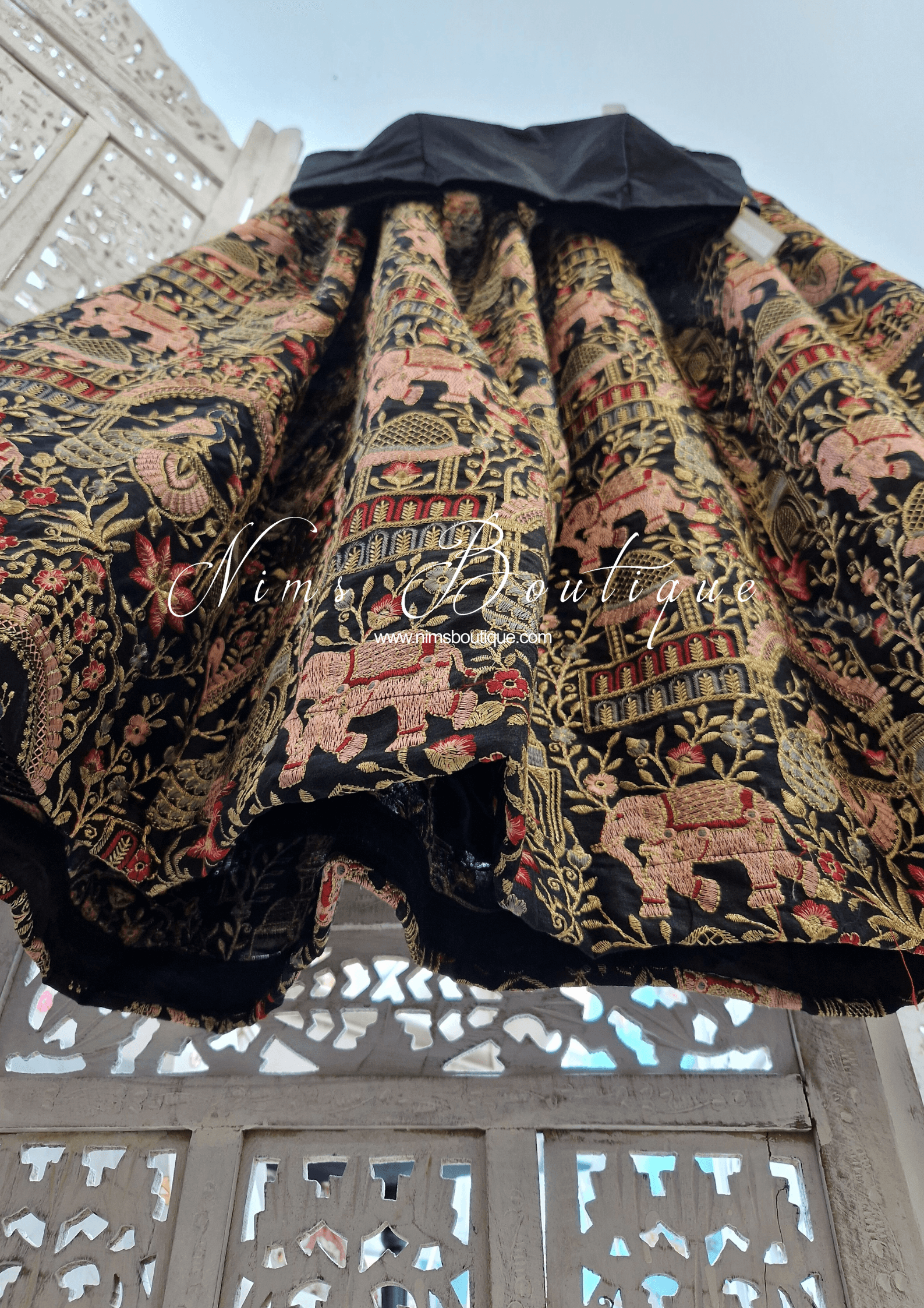 Nims Boutique Luxury Elephant & Peacock Black thread embroidered Skirt One size