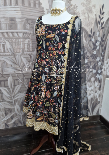 Sarika Luxury Black & Multicolour Anarkali Suit with Pajami (sizes 12-22)