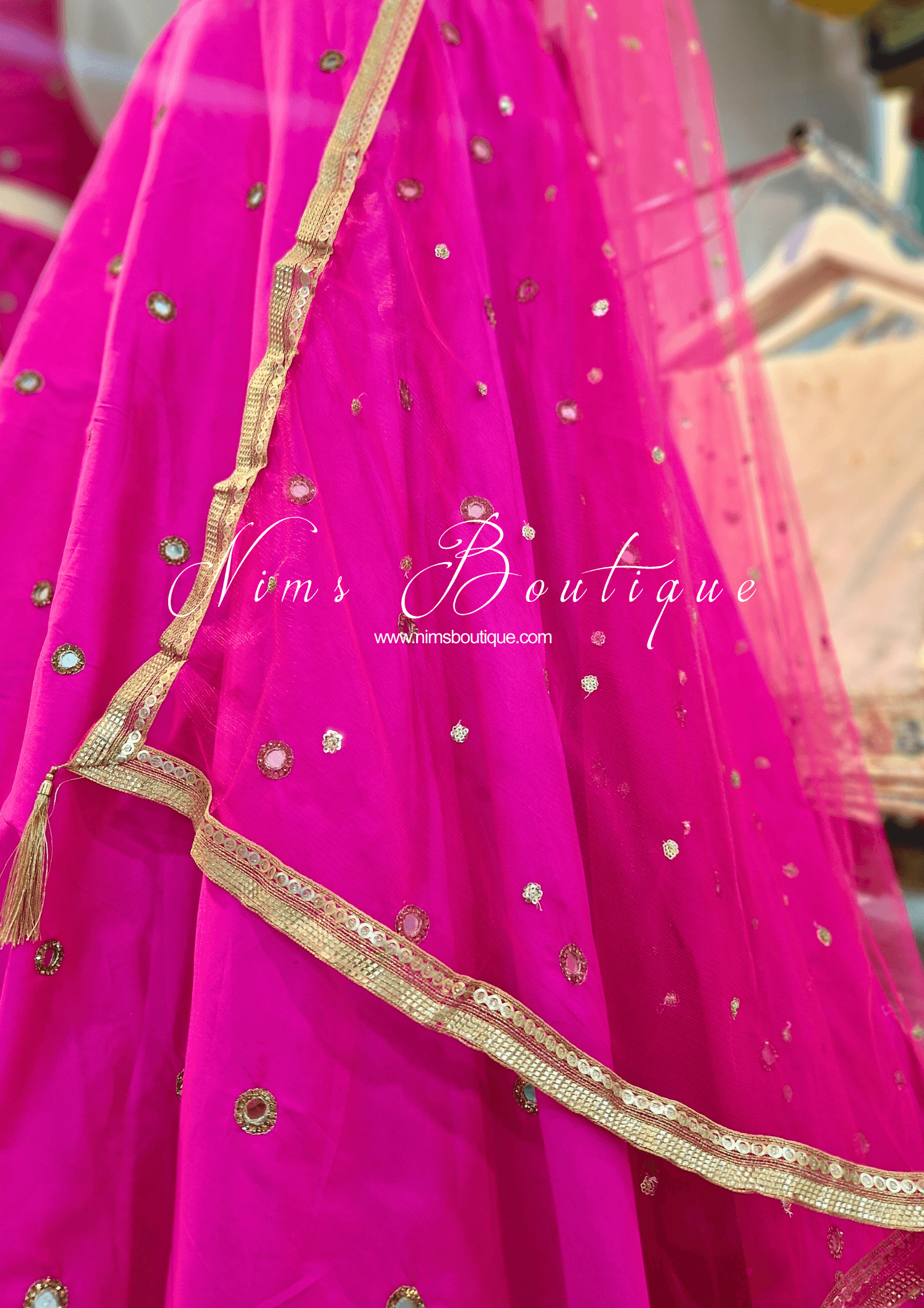 Nims Boutique Bright Pink Net Sequin Dupatta/Chunni