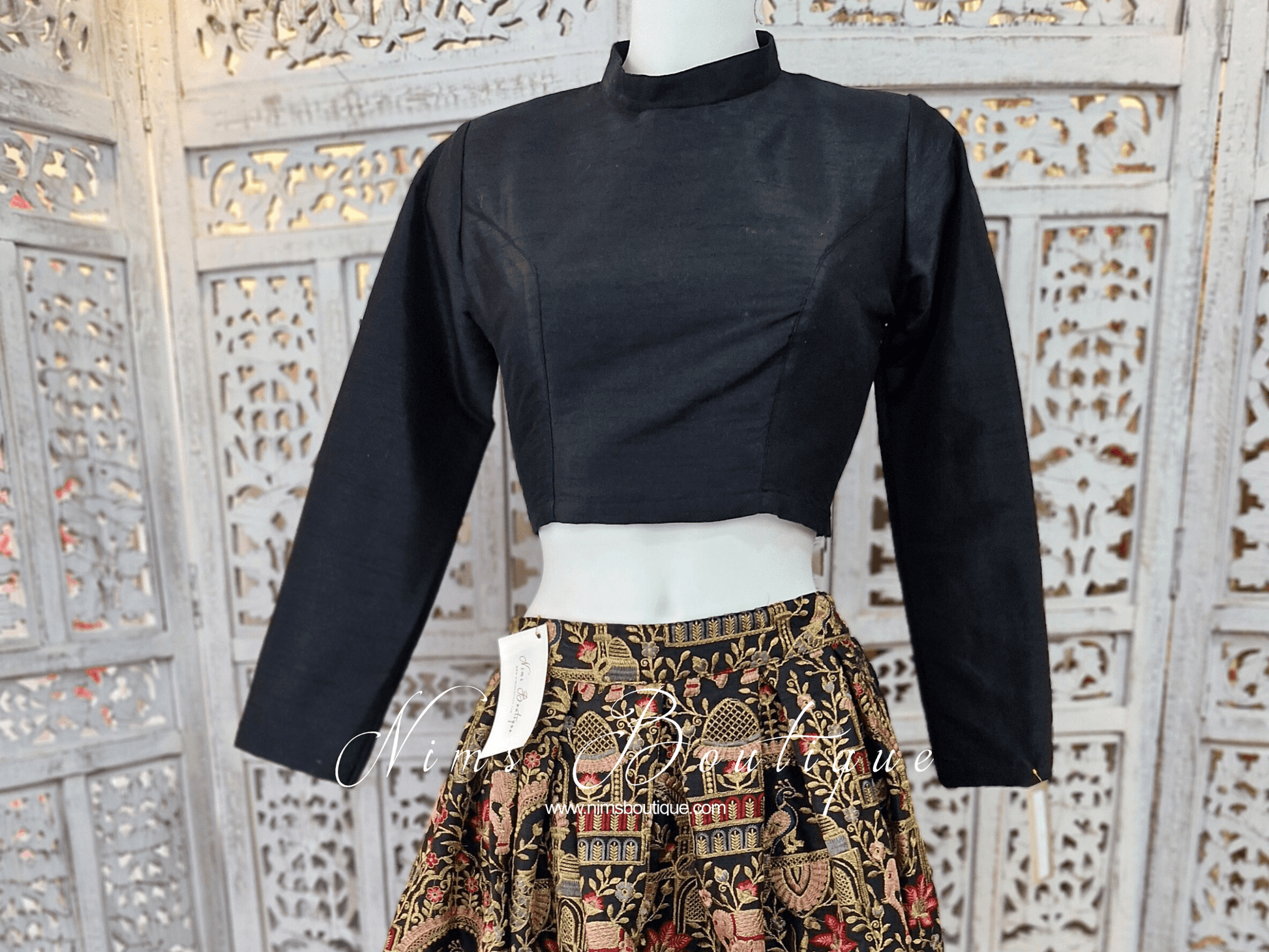 Nims Boutique Black Raw Silk High Collar Neck Blouse with sleeves 4-24