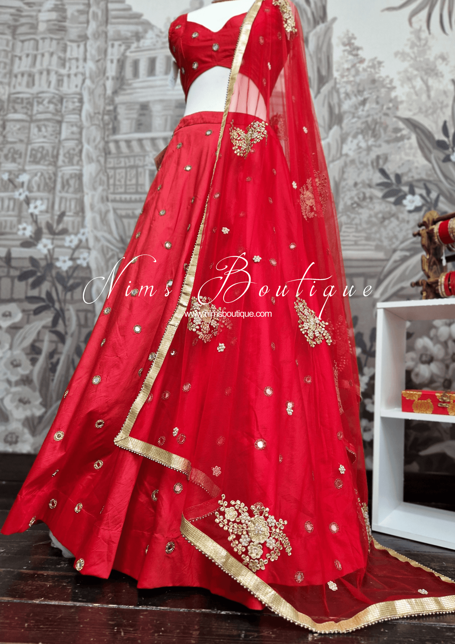 Nims Boutique Red Net Pearl Embellished Dupatta/Chunni NP1