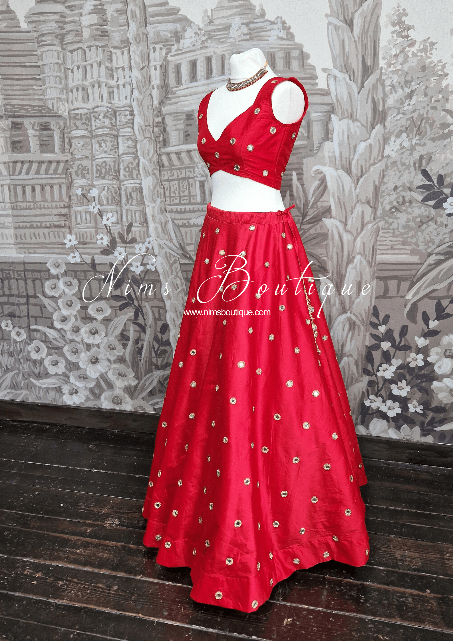 Nims Boutique Rani Luxury Red Silk Mirror readymade skirt/lehnga size 4-20