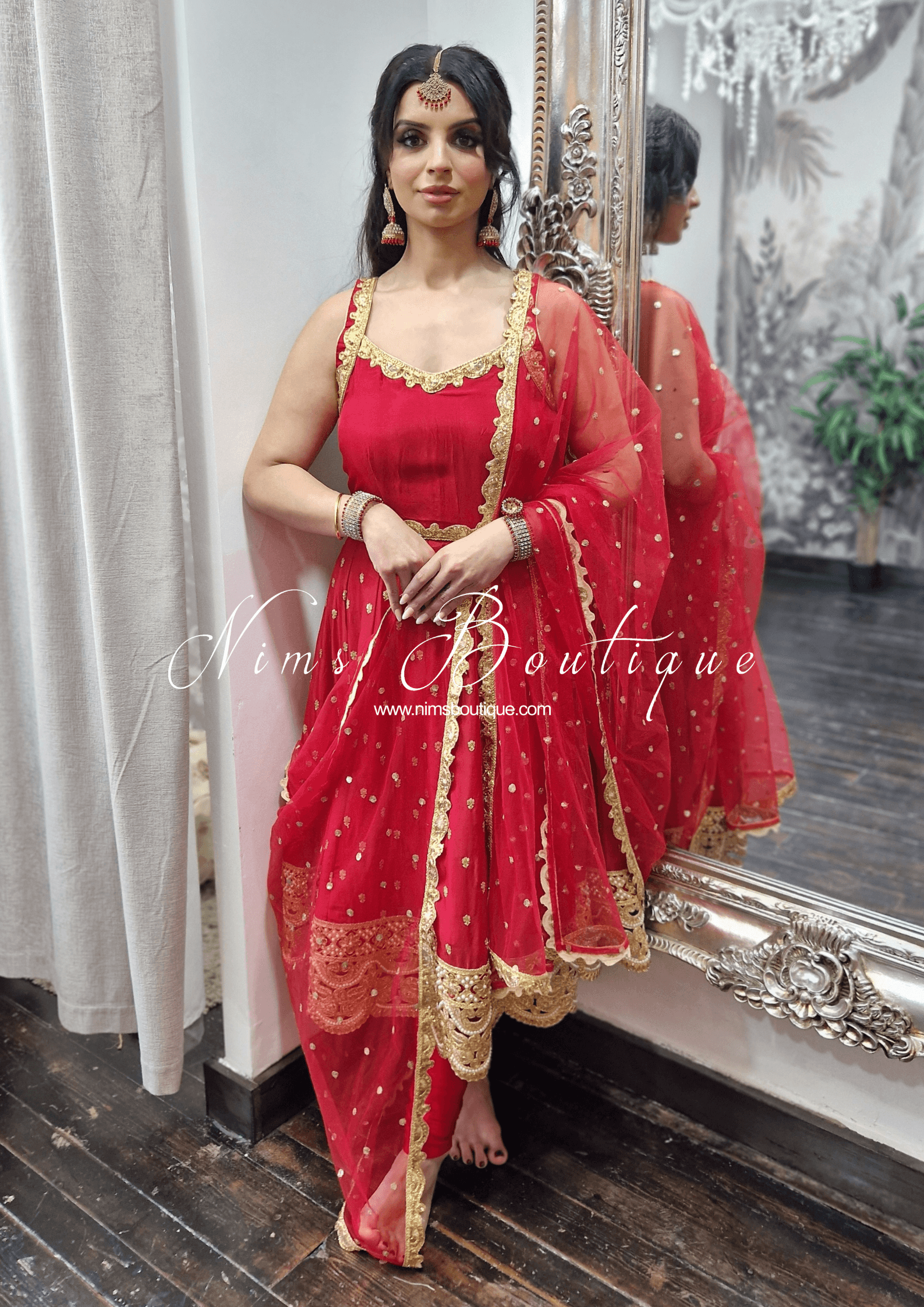 Nims Boutique The NB Luxury Red Silk Anarkali with Pajami size 4-12