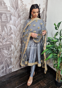 Nims Boutique Limited Edition Rashmi Luxury Dark Grey Silk Anarkali Suit with Pajami 10-12