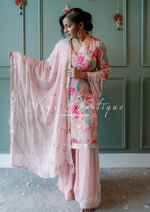 Pink Floral Chinon Sharara Suit (Size 10-12)