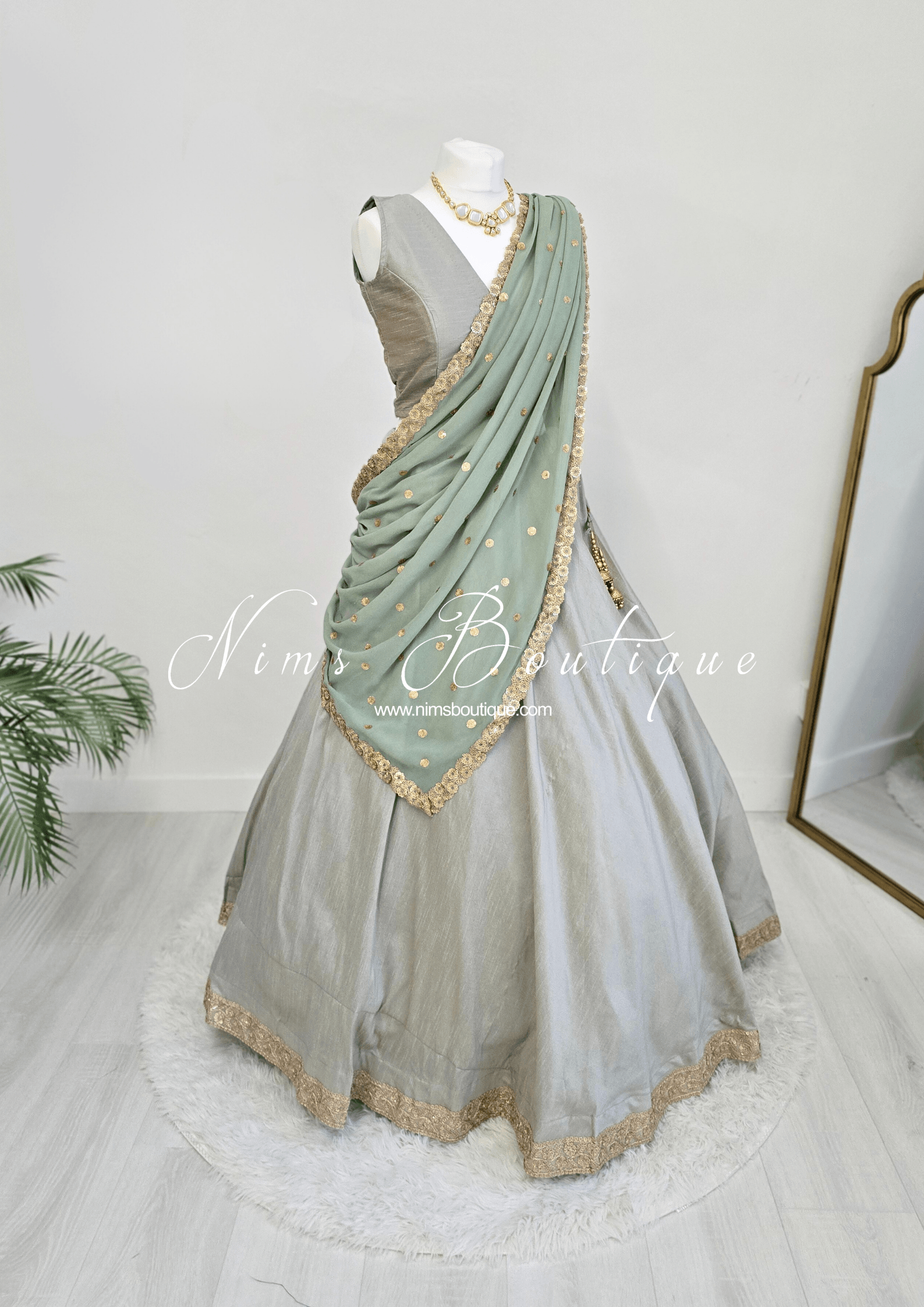 Nims Boutique Ria Luxury Sage Green Georgette Dupatta/Chunni