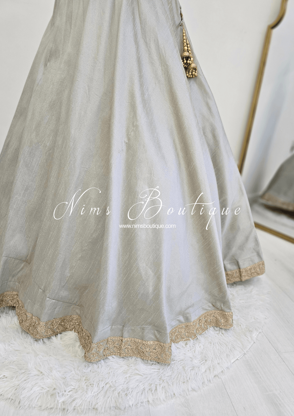 Nims Boutique Saloni Readymade Sage Grey Raw Silk skirt/lehnga sizes 4-24