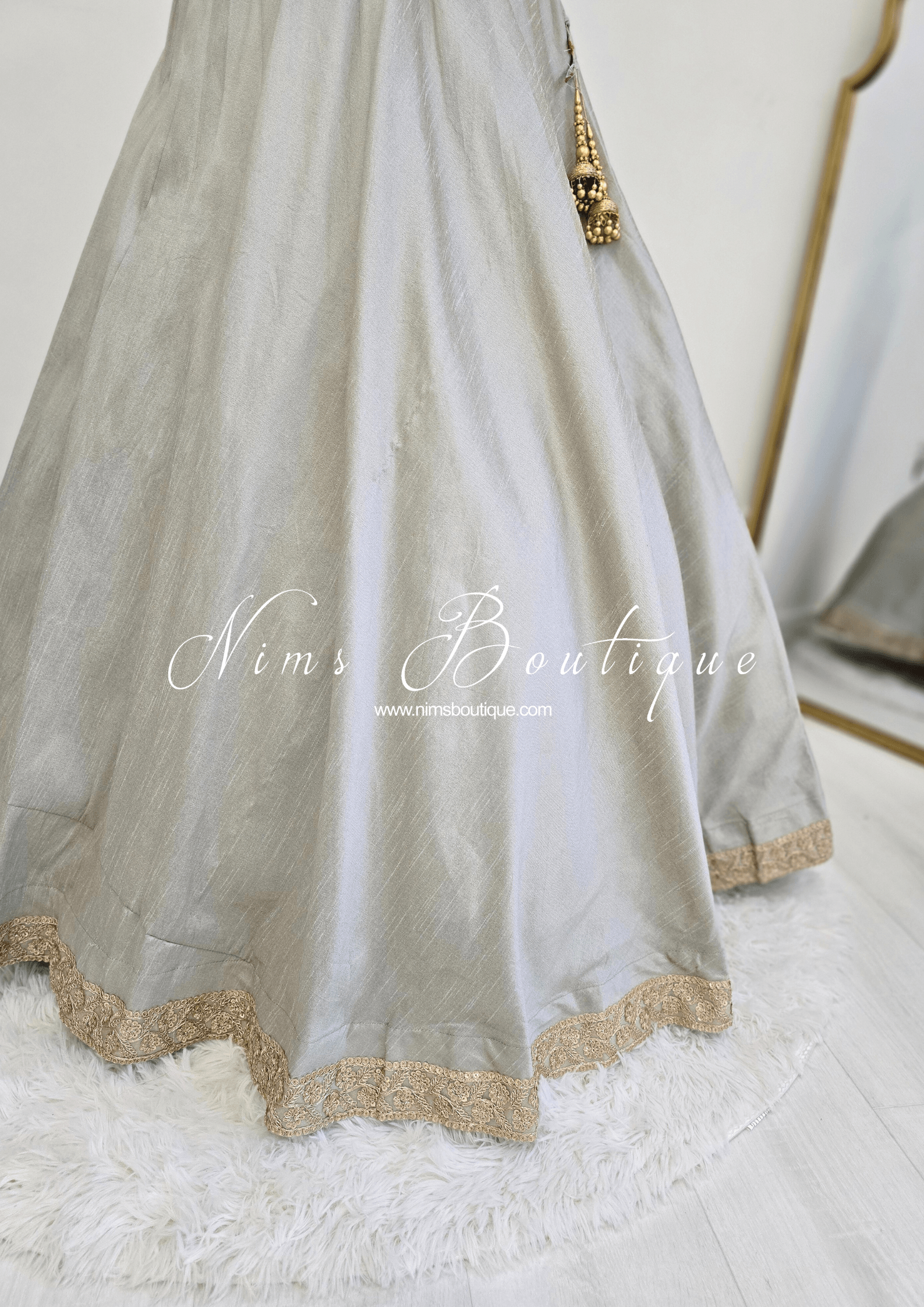 Nims Boutique Saloni Readymade Sage Grey Raw Silk skirt/lehnga sizes 4-24