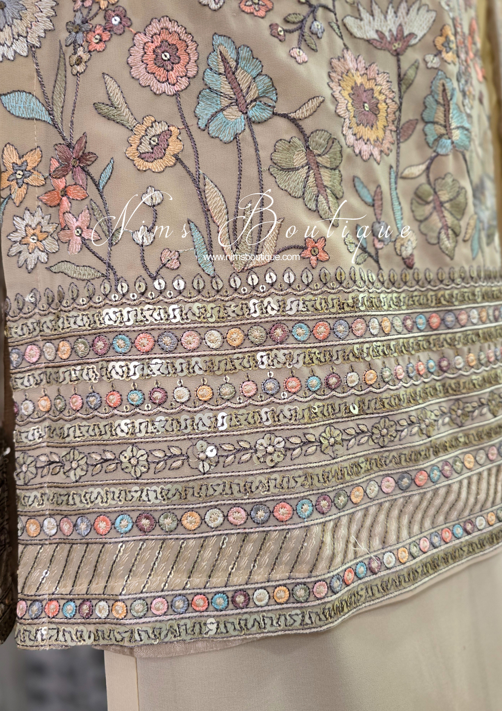 Luxury Beige Embroidered Sharara Suit (Size 12)