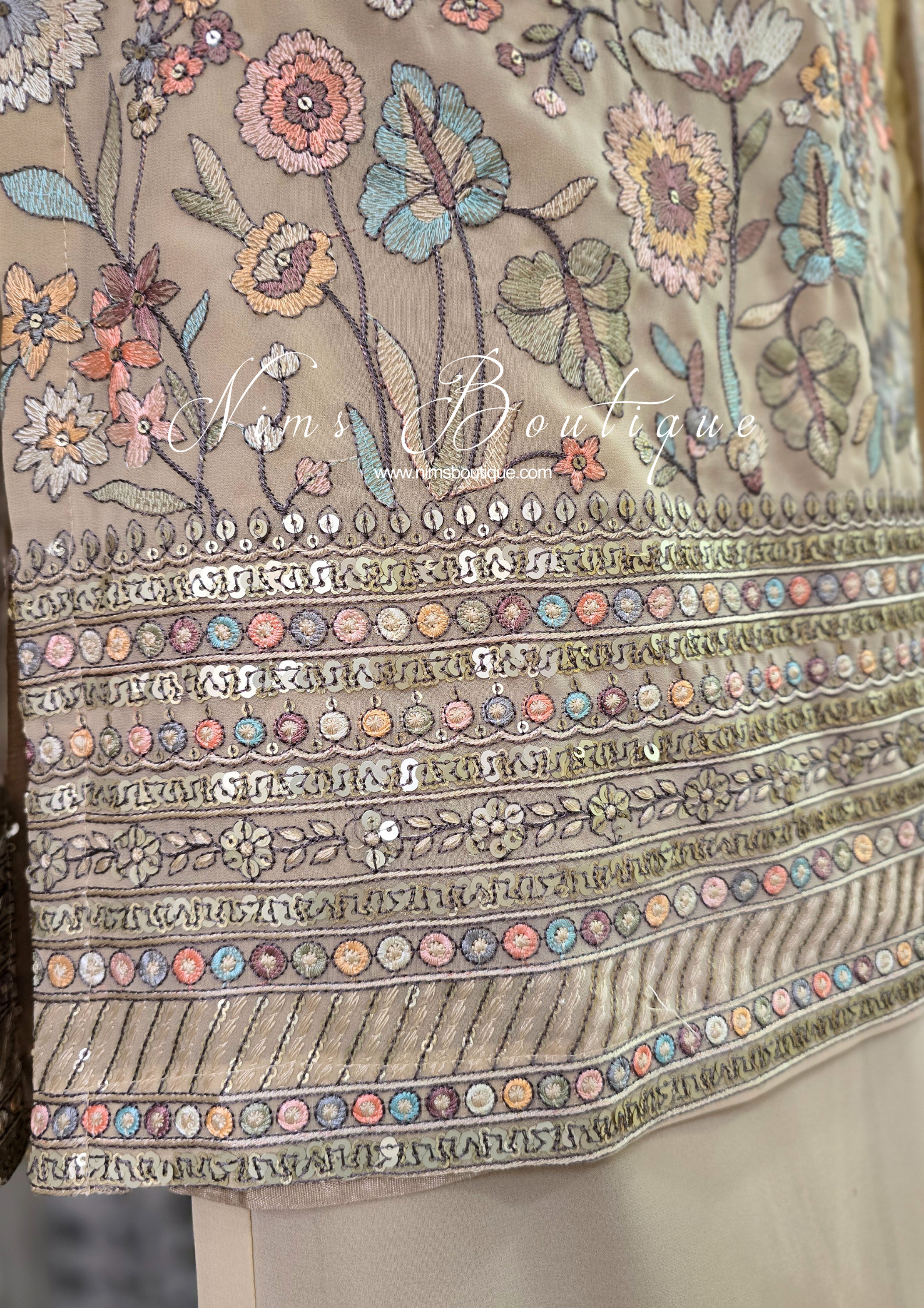 Luxury Beige Embroidered Sharara Suit (Size 12)