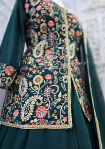 Dark Green Multicolour Embroidered Jacket Sharara Suit (Size 10-12)