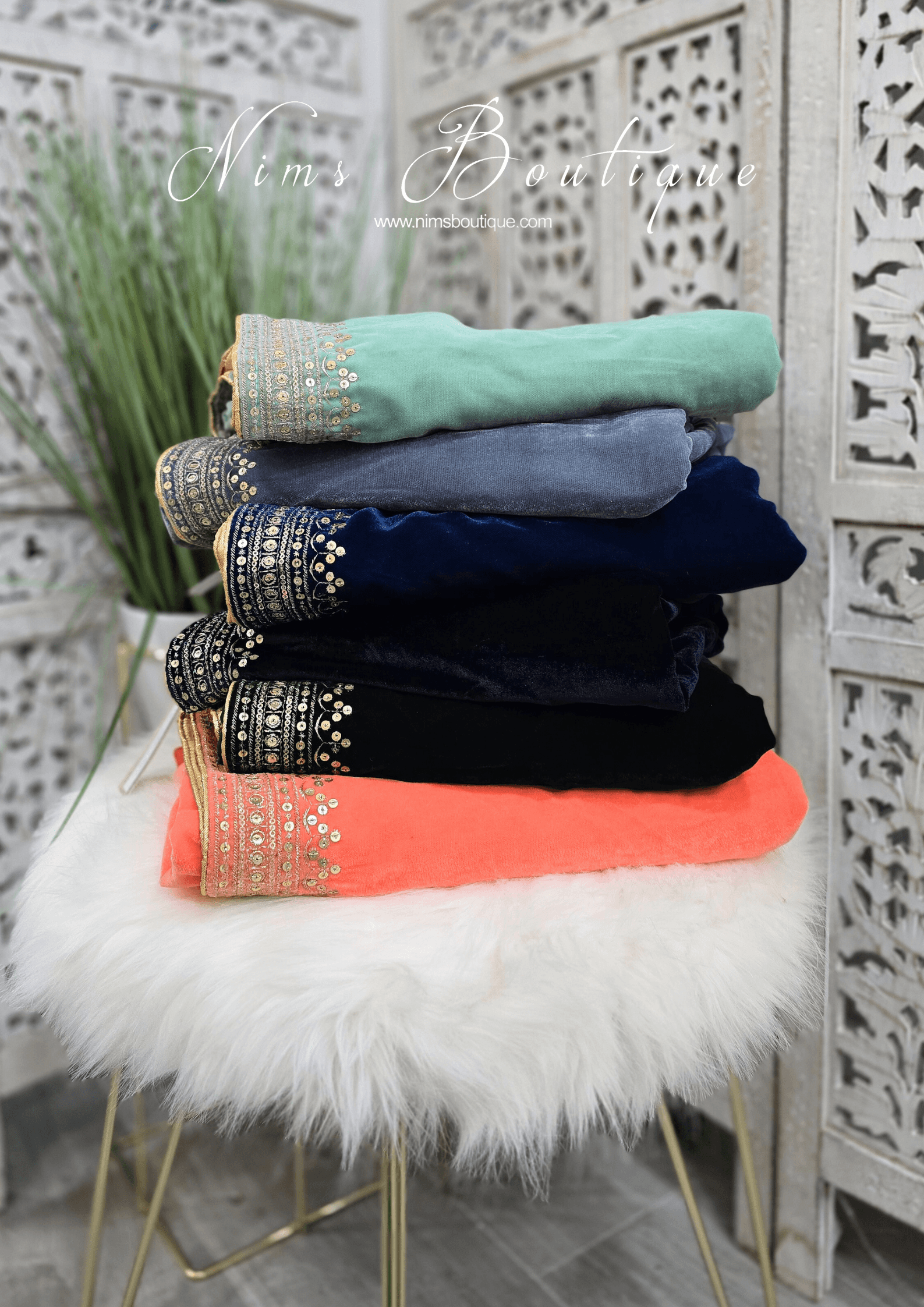 Nims Boutique Luxury Grey Velvet Embroidered Shawl