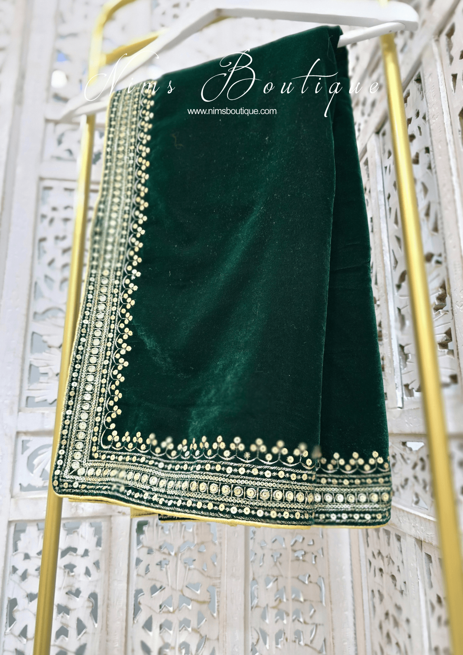 Nims Boutique Luxury Dark Green Velvet Embroidered Shawl