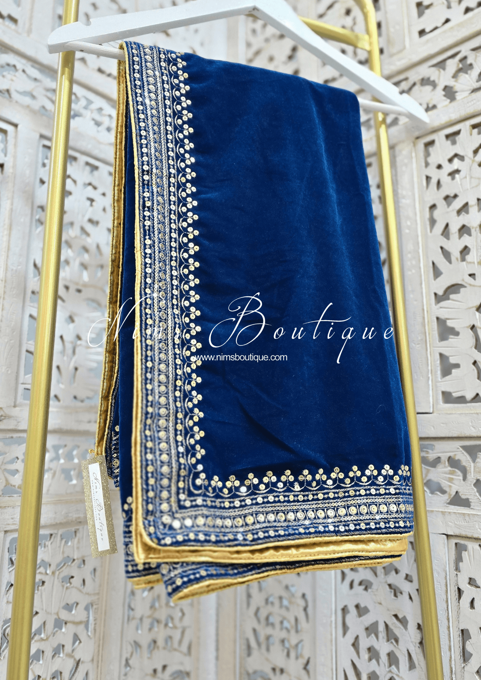 Nims Boutique Luxury Teal Blue Velvet Embroidered Shawl