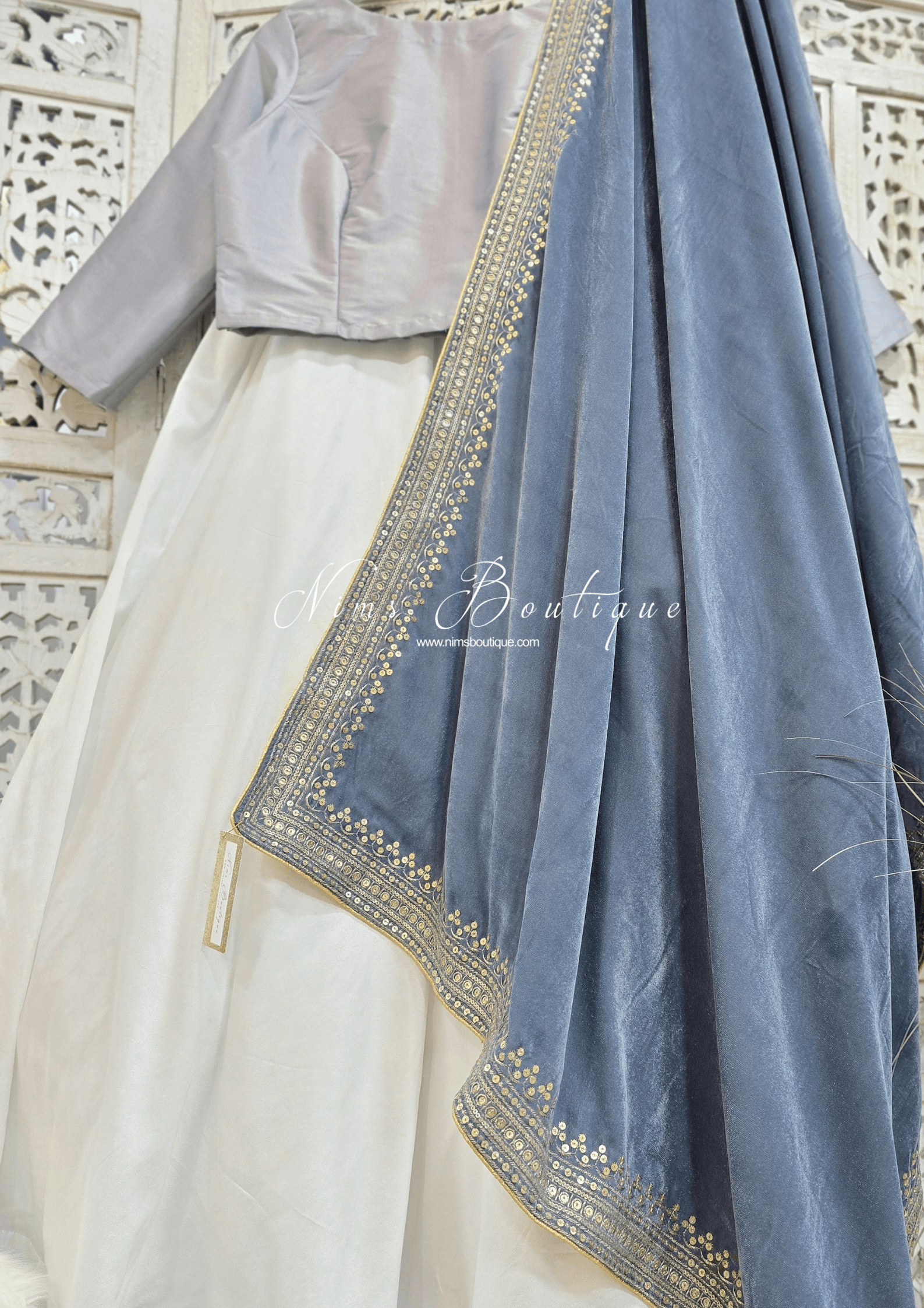 Nims Boutique Luxury Grey Velvet Embroidered Shawl