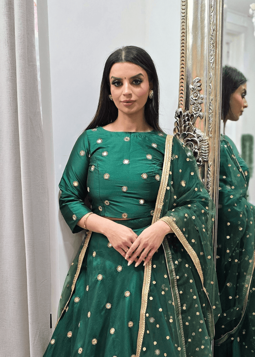 Nims Boutique Rani Luxury Dark Green Silk Mirror Blouse with sleeves size 8-18