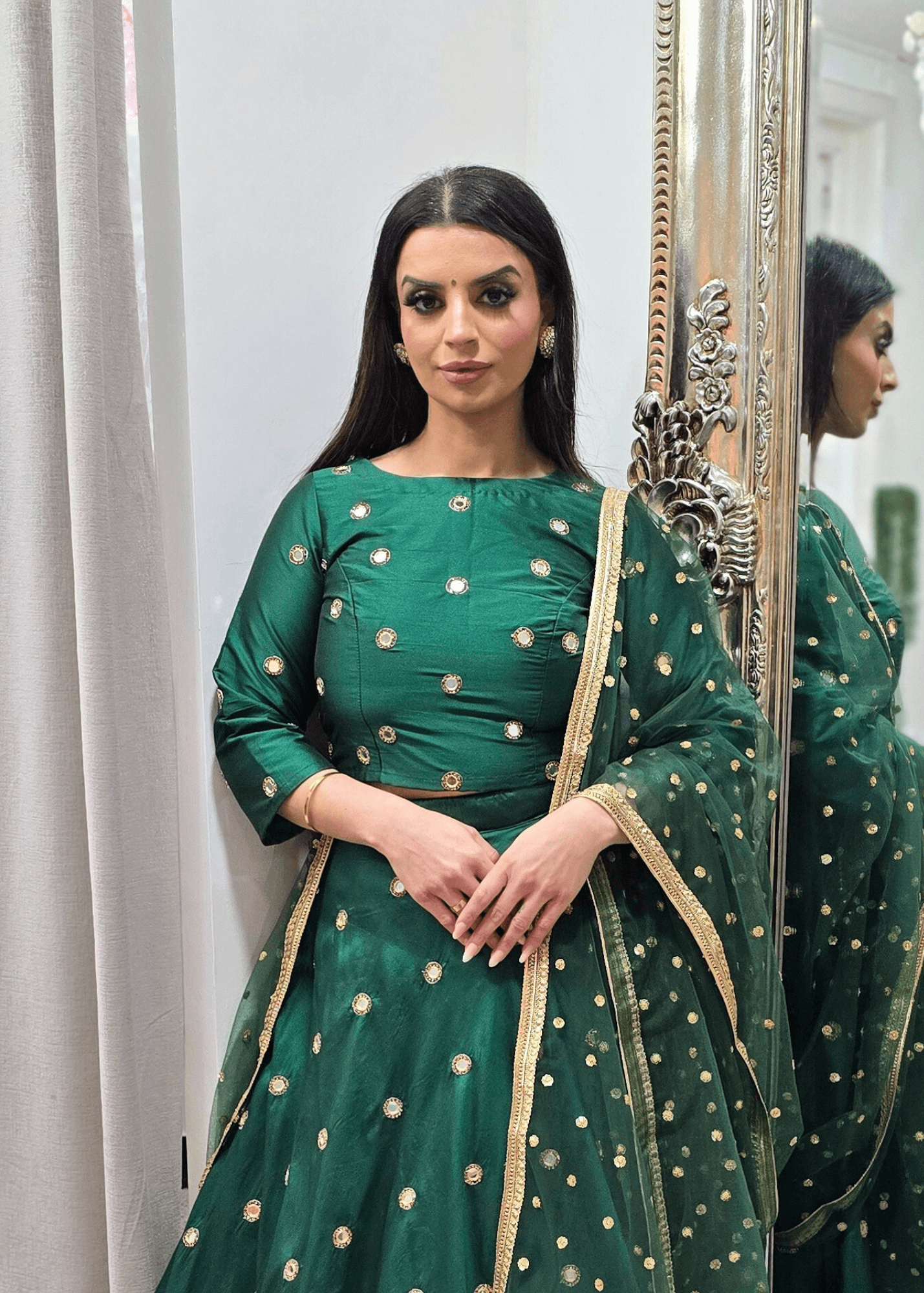 Nims Boutique Rani Luxury Dark Green Silk Mirror Blouse with sleeves size 8-18
