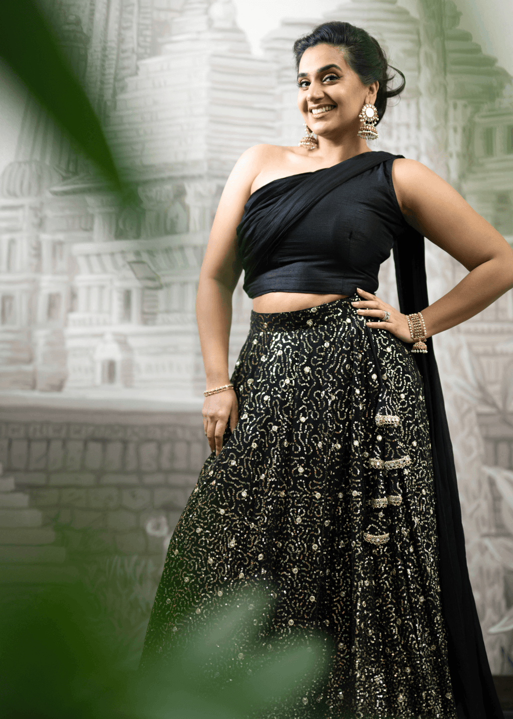 Nims Boutique Arya Black Luxury One Shoulder & Dupatta blouse 6-18