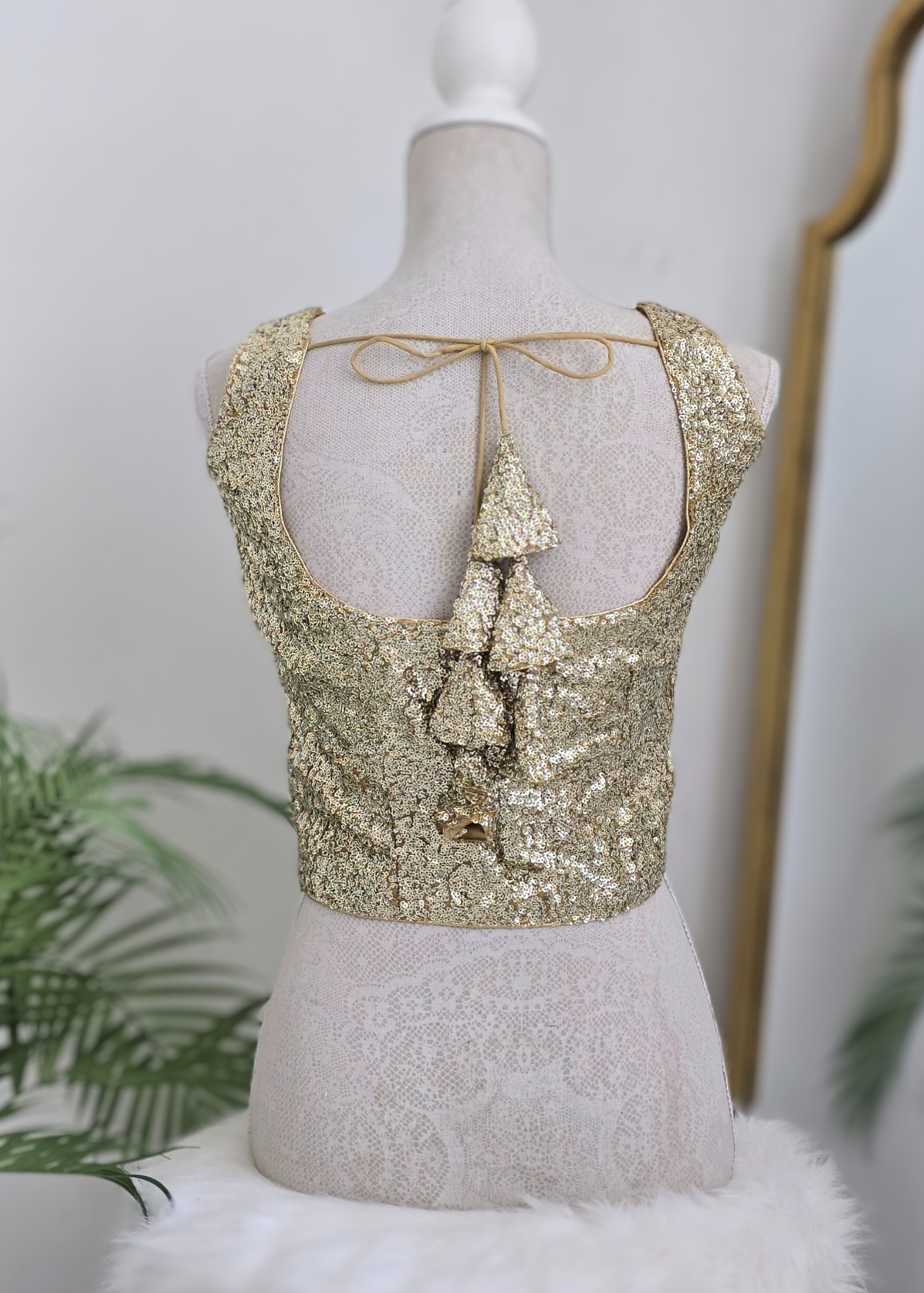 Gold Sequin Sleeveless Blouse Longer length with latkans (4-26)