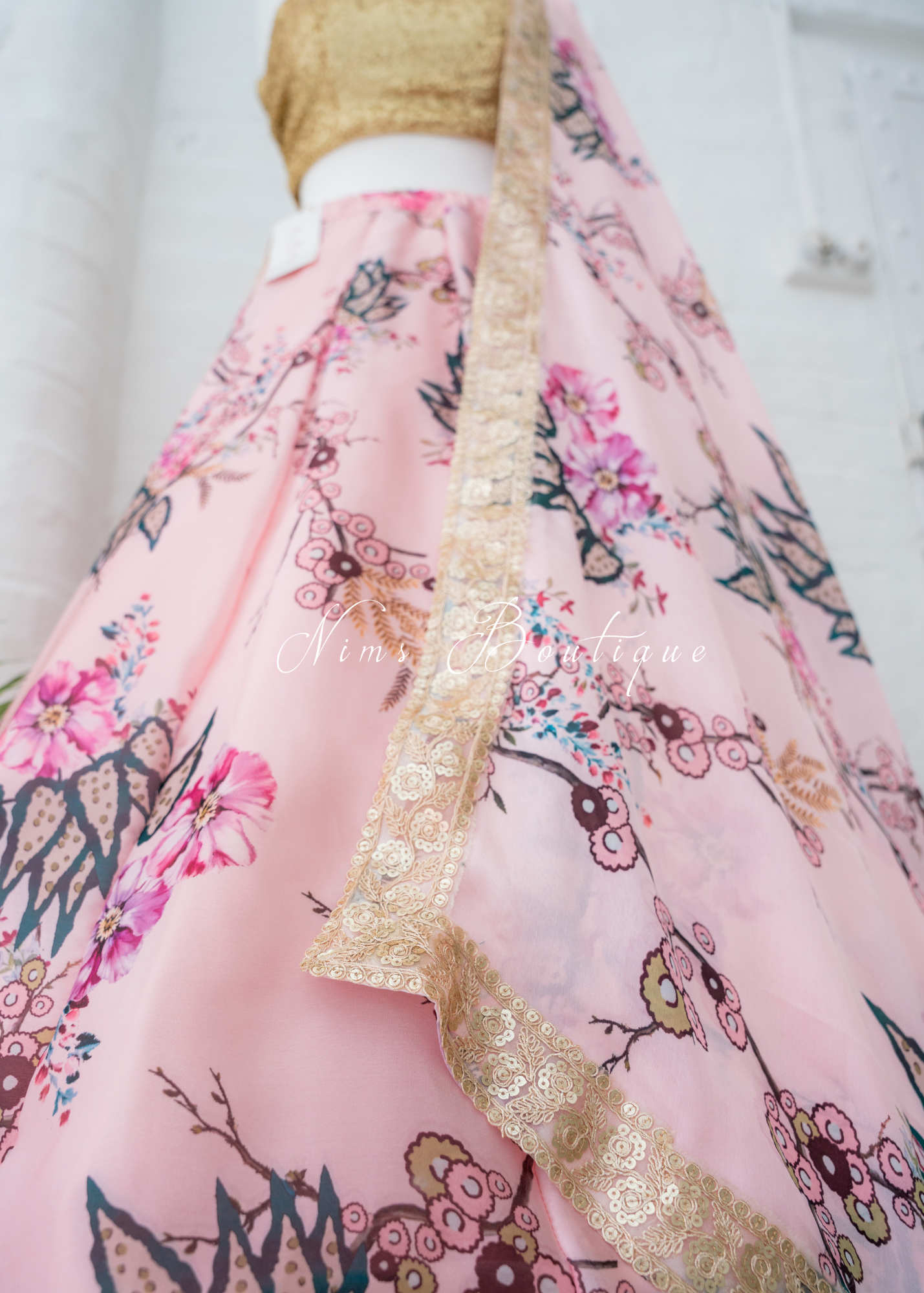 Sakura Pink Satin Print Dupatta/Chunni sequin edging