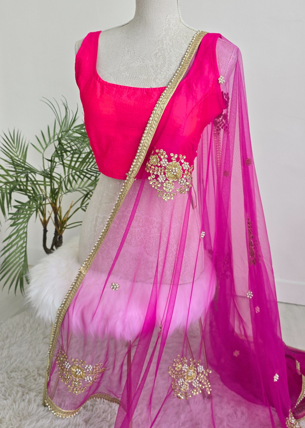 Hot Pink Net Pearl Embellished Dupatta/Chunni