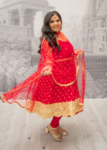 The NB Luxury Red Silk Anarkali Pajami Suit with sleeves (size 12-24)