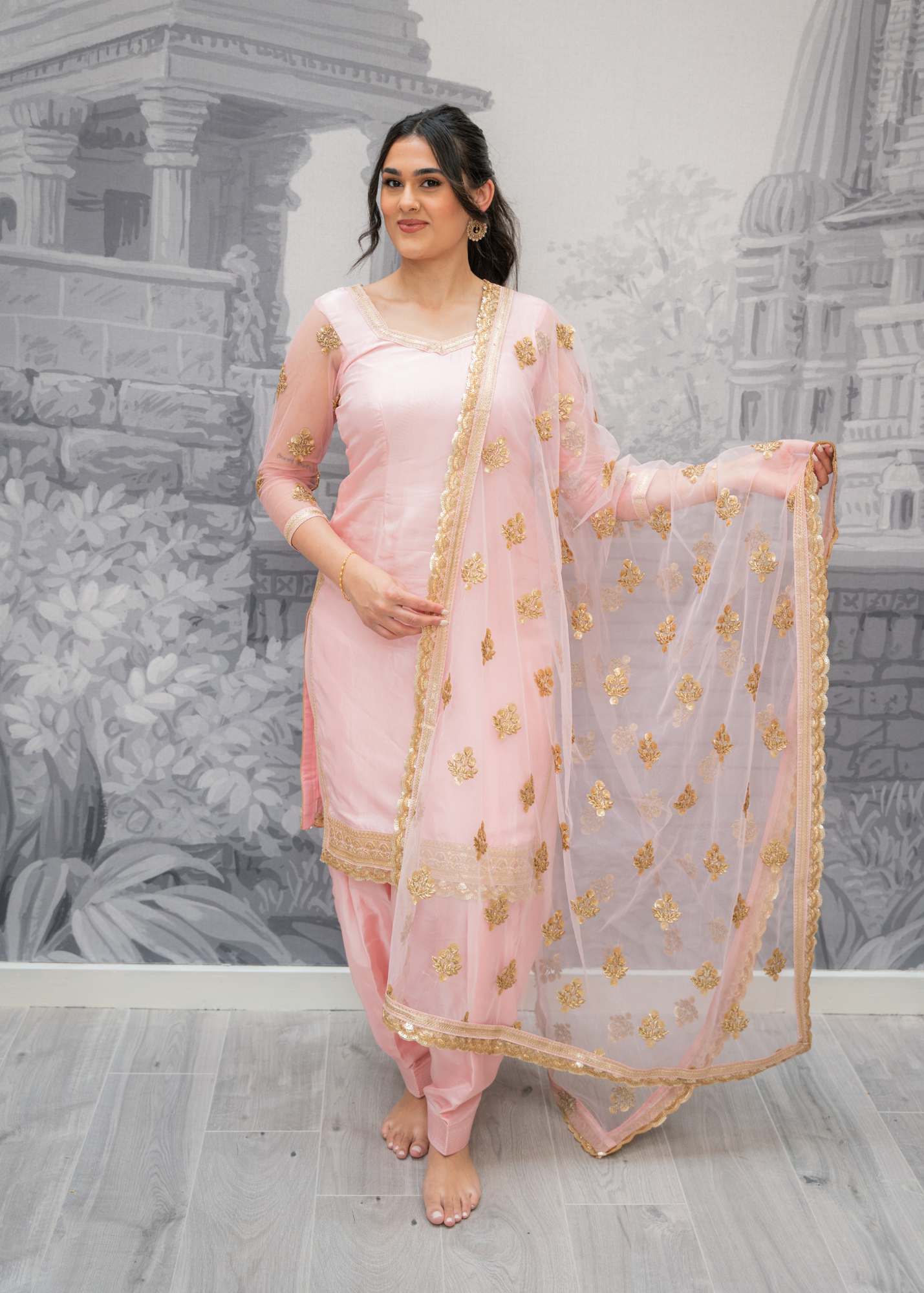 Long Sleeved Blush Pink Silk Salwar Suit (4-24)