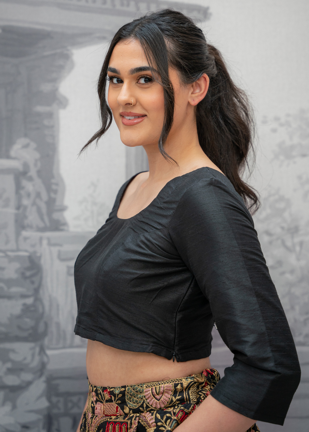 Black Raw Silk Scoop Neck Blouse with sleeves (4-26)