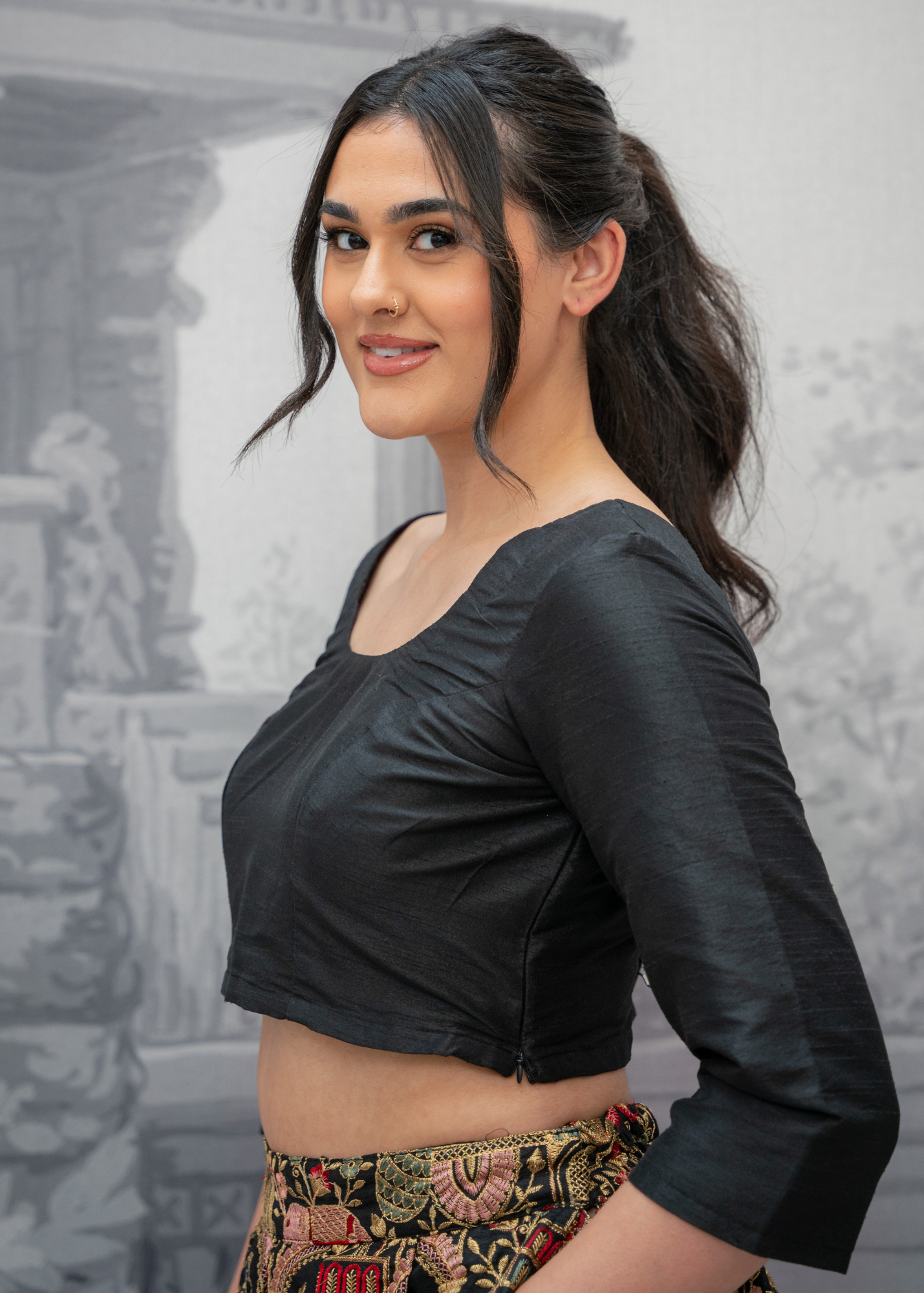 Black Raw Silk Scoop Neck Blouse with sleeves (4-26)