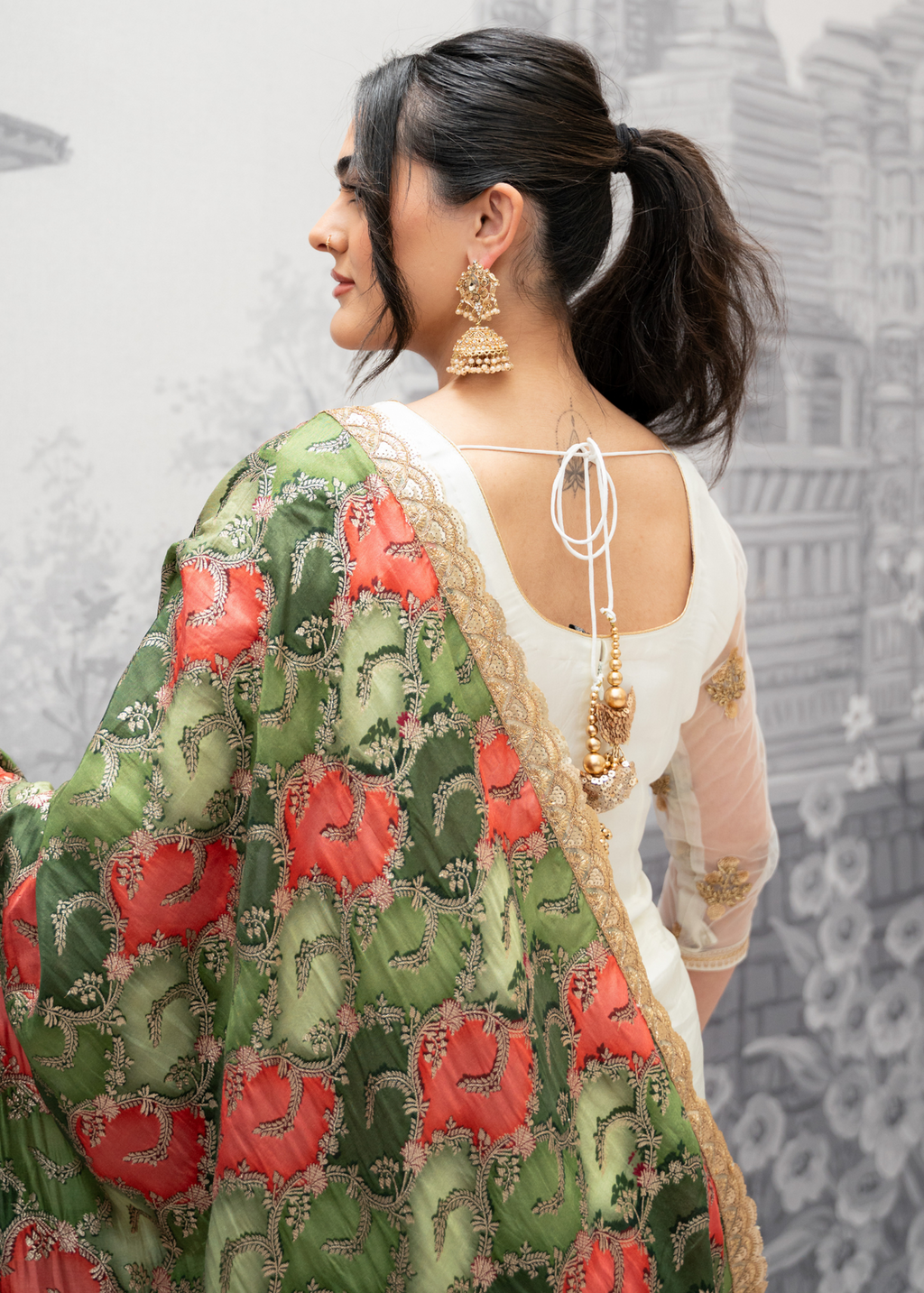 Tara Luxury Mehndi Green and Orange Brocade Dupatta/Chunni