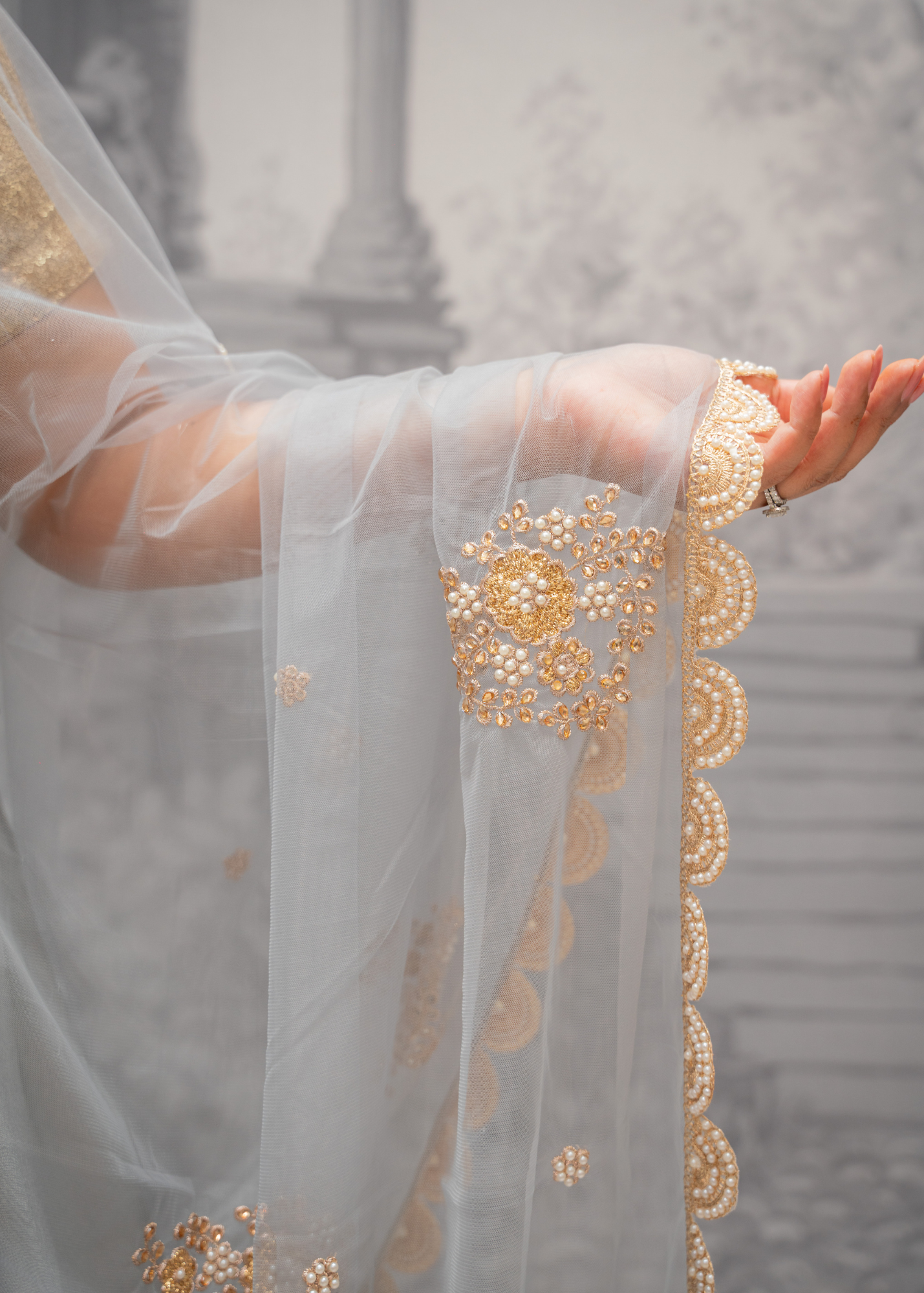 Pastel Grey Net Pearl Embellished Dupatta/Chunni with Luxury Pearl Edging (NPE4)