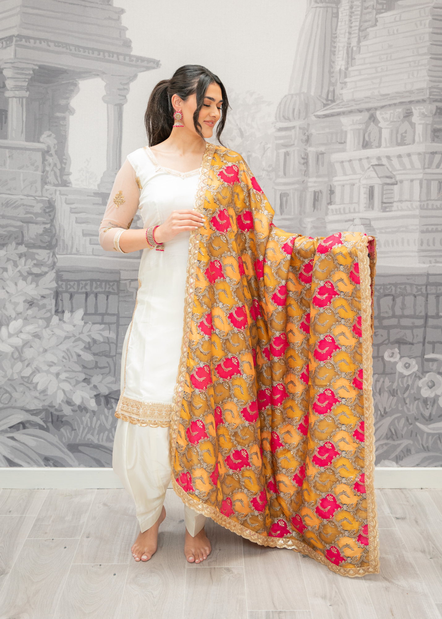 Long Sleeved Ivory Silk & Multicolour Salwar Suit (8-20)