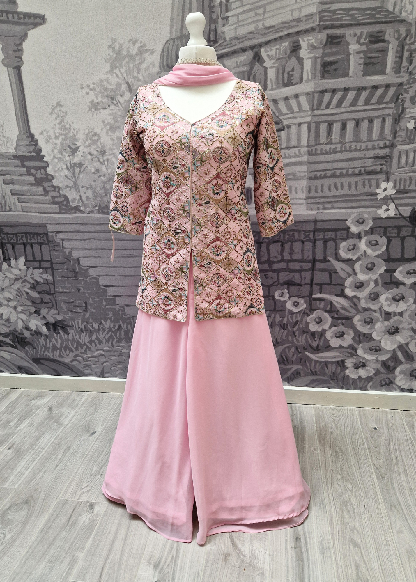 Pink Multicolour Embroidered Sharara Suit (Size 10-12)