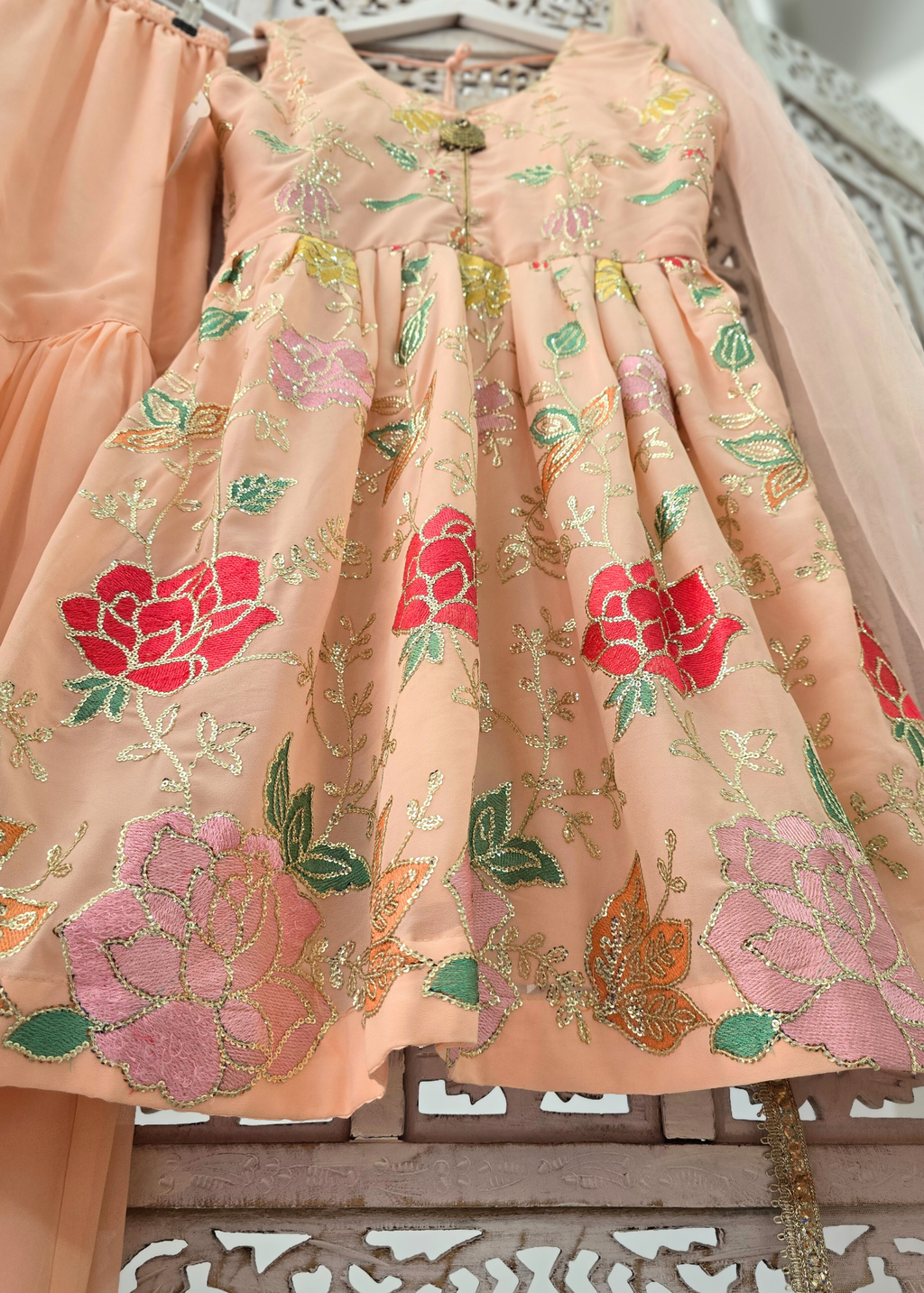 Peach Floral Frock Sharara Suit (Size 10-12)