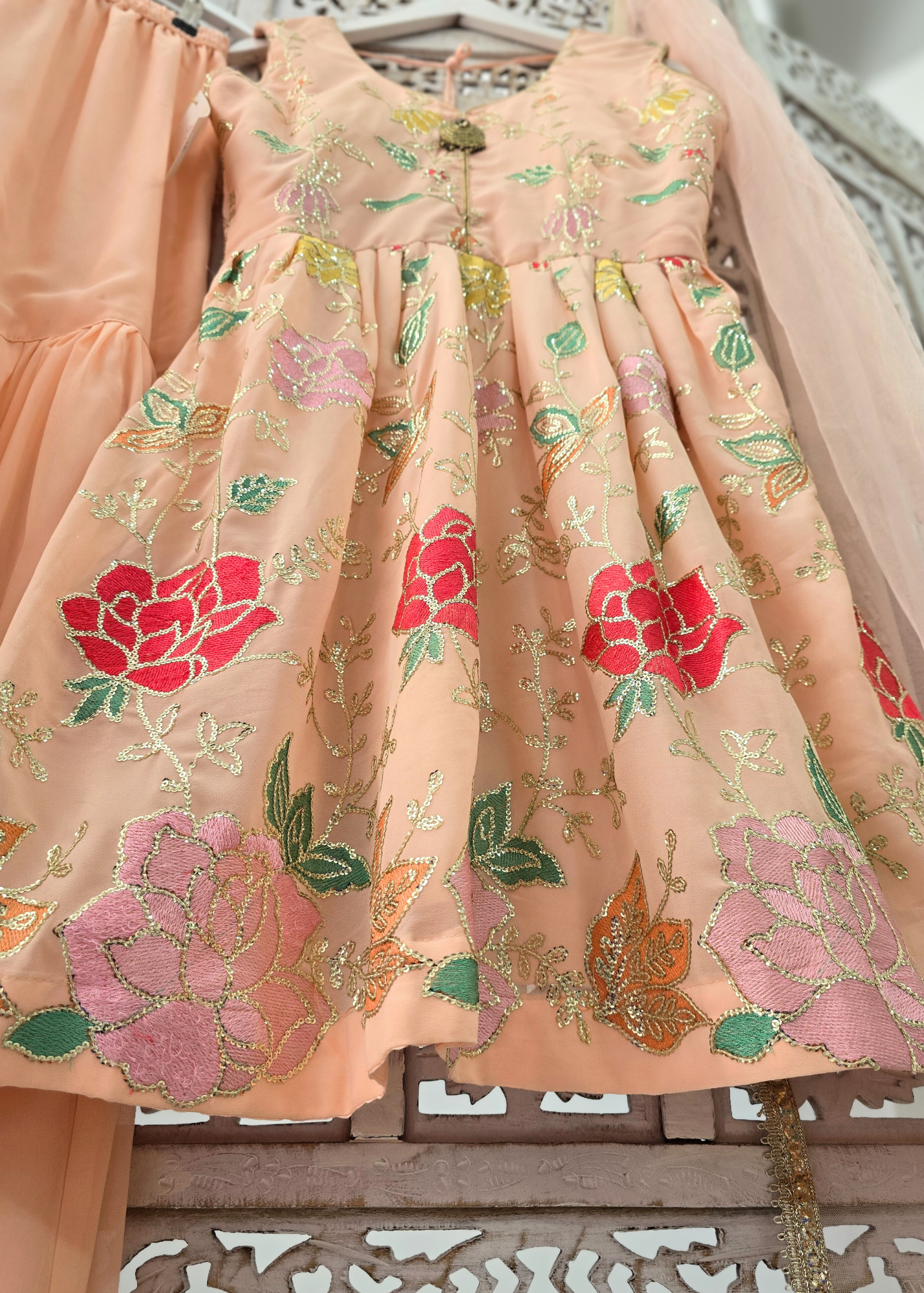 Peach Floral Frock Sharara Suit (Size 10-12)