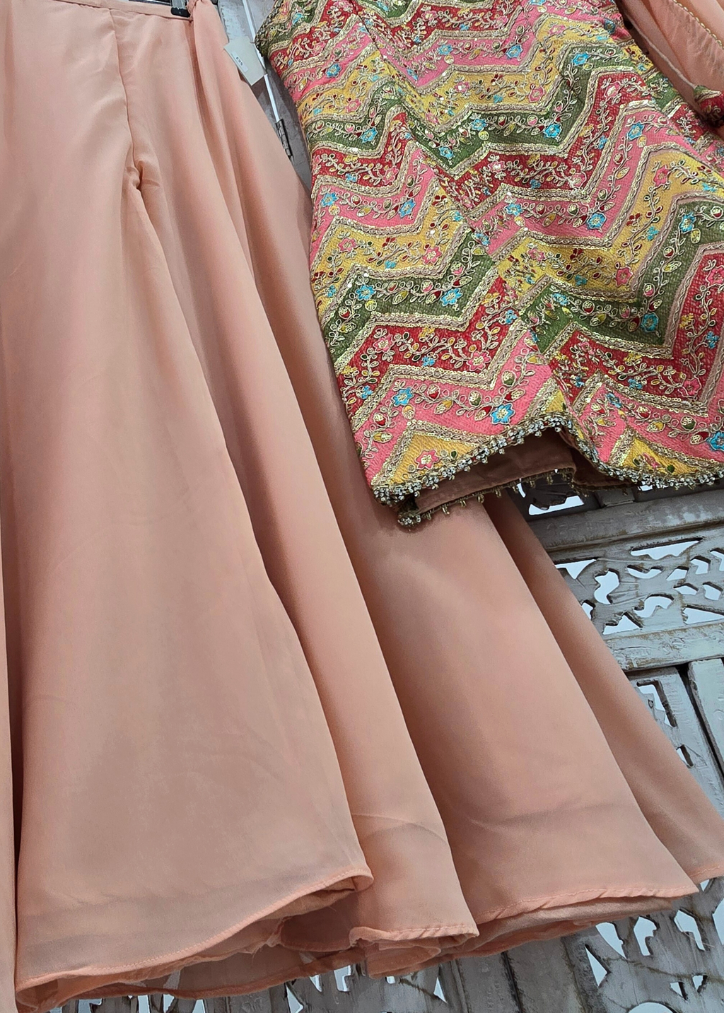 Peach Multicolour Embroidered Sharara Suit (Size 10-12)